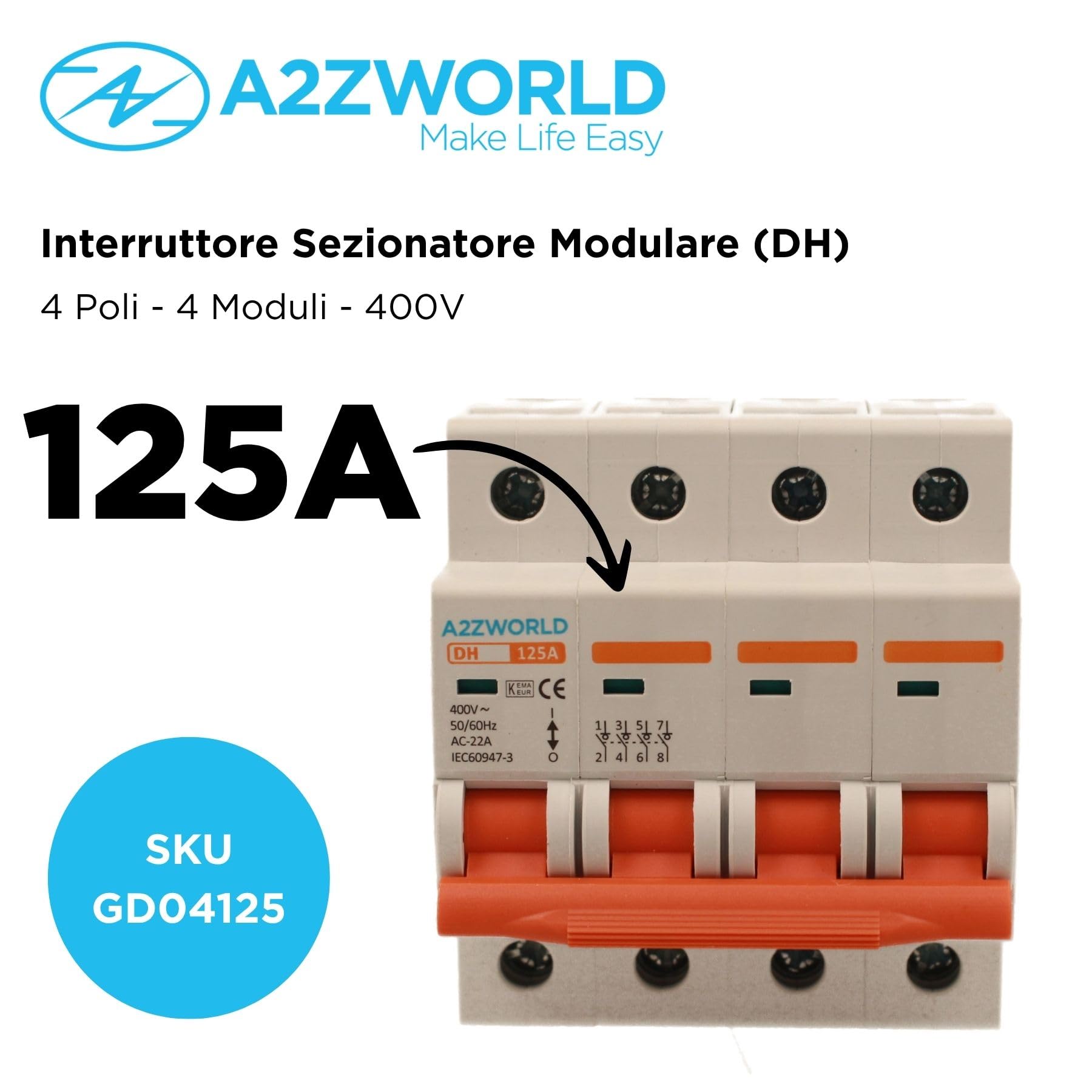 Disjoncteur modulaire triphasé 125A, 4P quadripolaire 4 modules DIN 380 V AC, IP20, certifié IEC60947-3