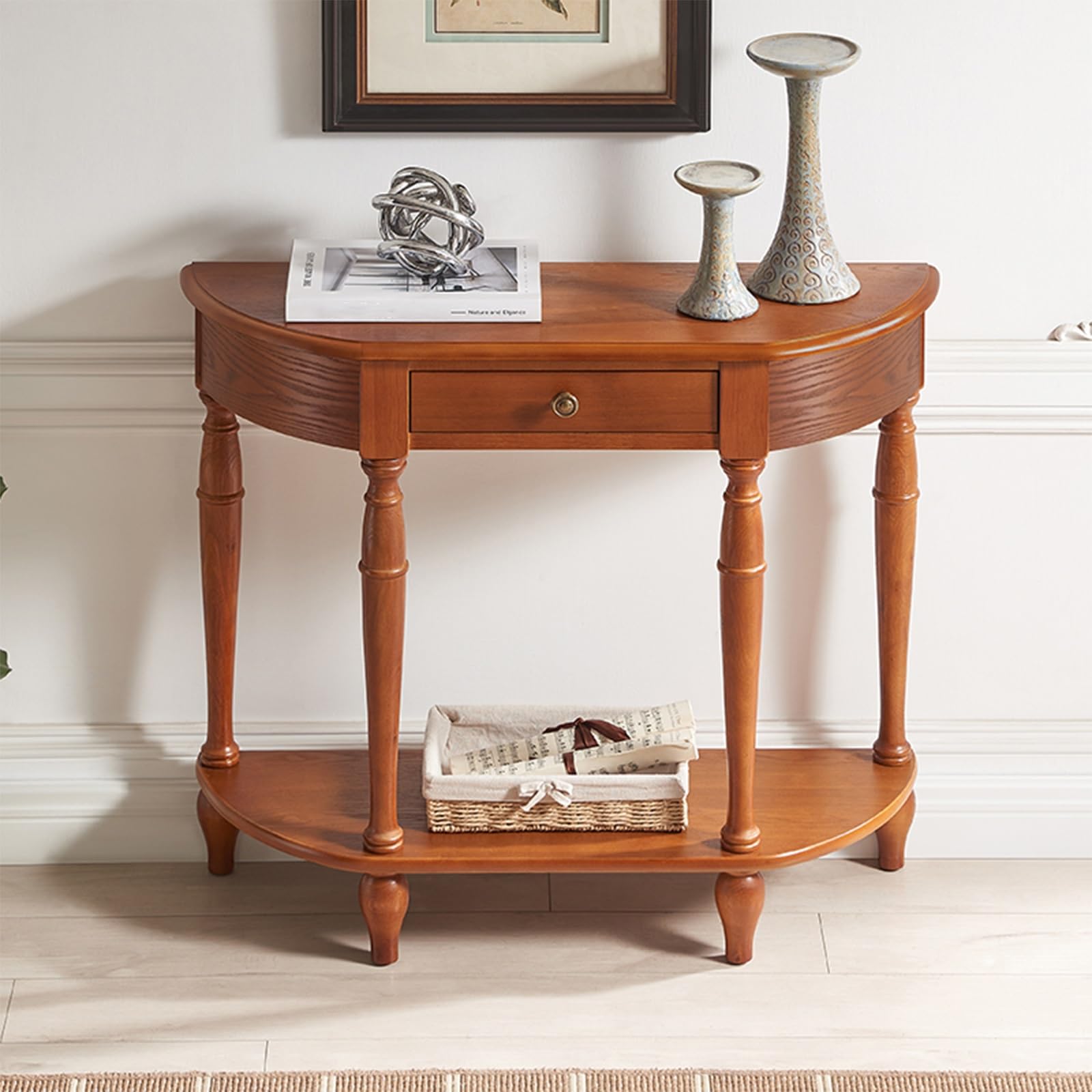 Consolle a mezzaluna, consolle in legno massello per ingresso, tavolino semicircolare con cassetto portaoggetti, ideale per soggiorno, corridoio e ingresso (marrone, 120x30 cm/47,2x11,8 pollici)