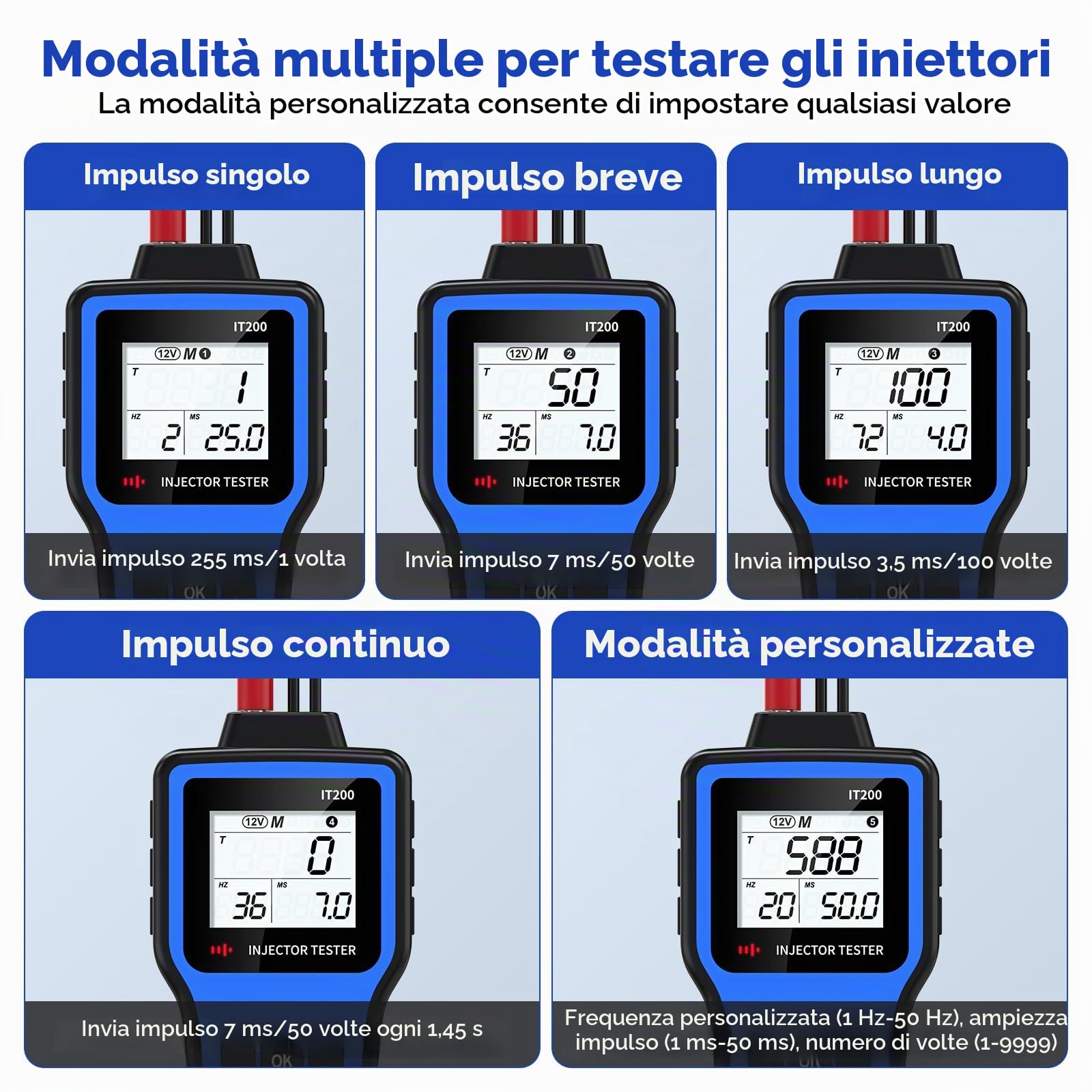 OBDResource Tester digitale a doppio iniettore, 5 V/12 V, tester per iniettori diesel, 5 modalità di prova e display HD, con 2 adattatori per pulizia iniettori