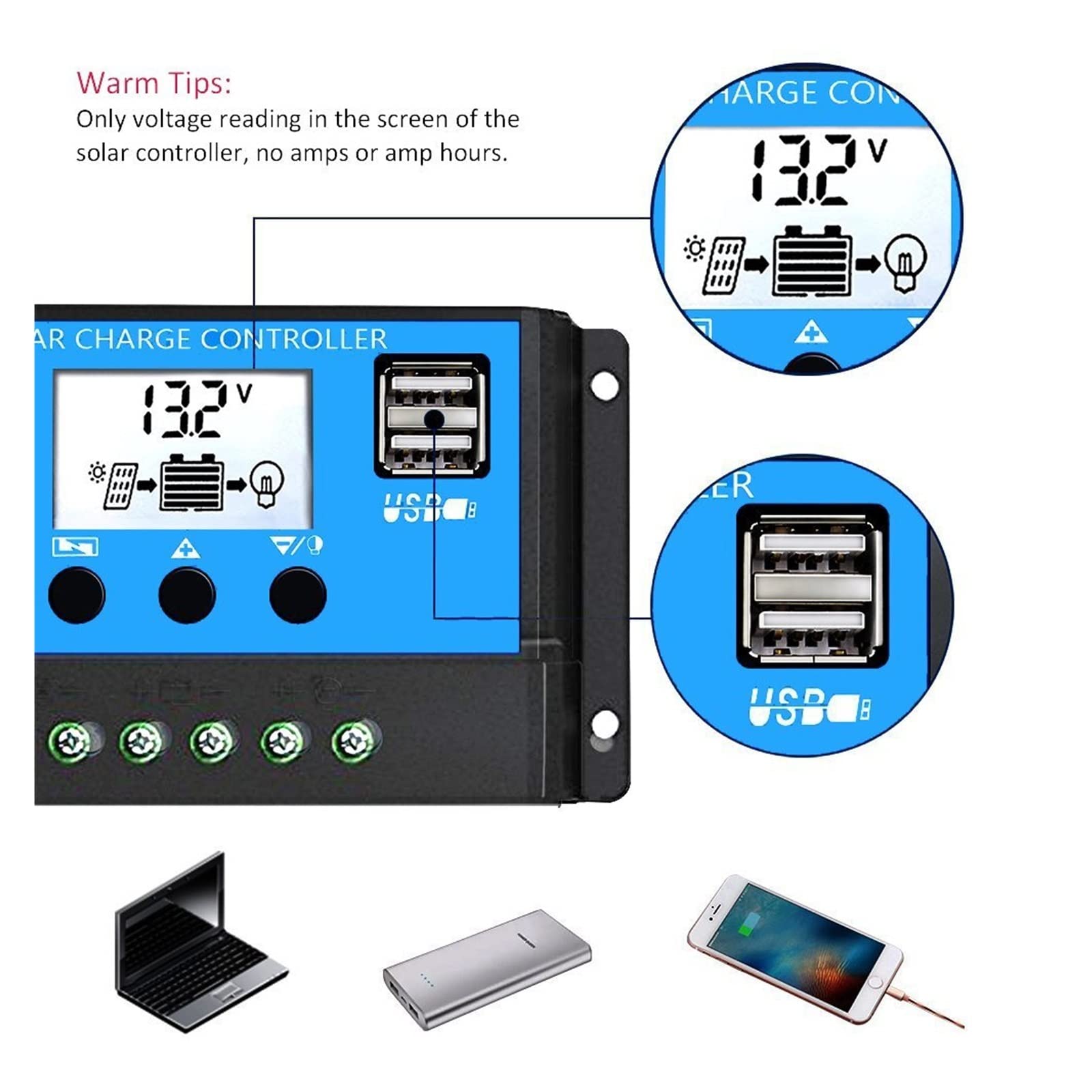 Regolatore di carica solare, Regolatore del Caricatore solare 60A 50A 40A 30A 20A 10A 12V 24V Caricabatteria USB Regolatore del Pannello Solare for Max 50V Ingresso PV per batterie al piombo/litio(3)