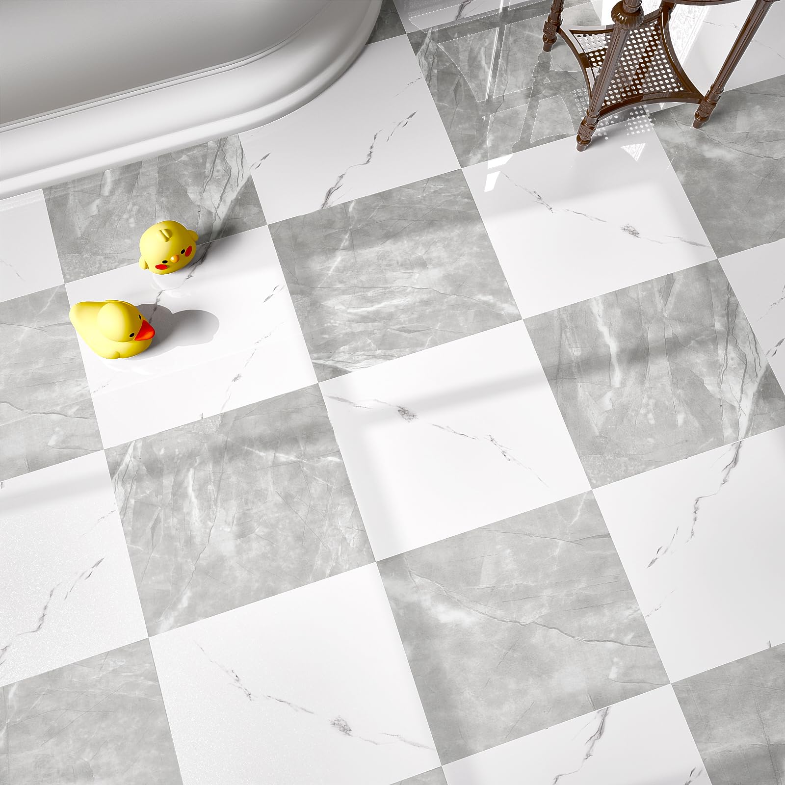 40-Pack Peel and Stick Tile Vinyl Floor Glossy 12x 12 inch, Waterproof Stick on Tiles for Bathroom, Kitchen, Dining Room, Cover 40 Sq. Ft, Light Grey&White Marble (20 per Color)
