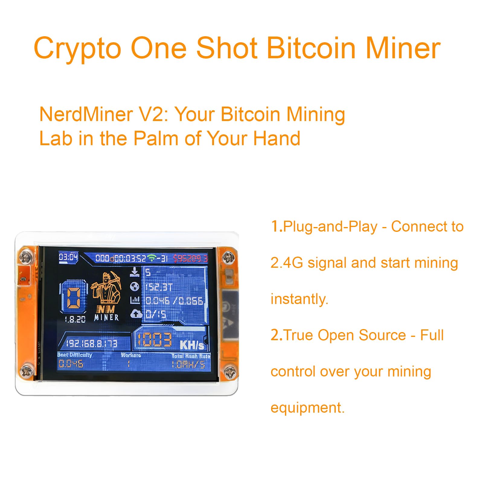 Amazon.com: KRISVI Bitcoin One Shot Miner, Lottery Solo Miner with Mini  2.8in Smart Display,Hashrate Up to 1010KH/s,Quiet and Easy to Set up,DIY Crypto  Mining & Education : Electronics