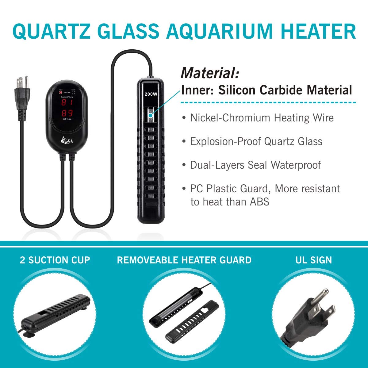 AQQA Calentador de acuario de 200 W para calentador sumergible de pecera de 45 a 80 galones para acuario, calentador de peces Betta, calentador de termostato de agua dulce y salada (200 W para 45-80
