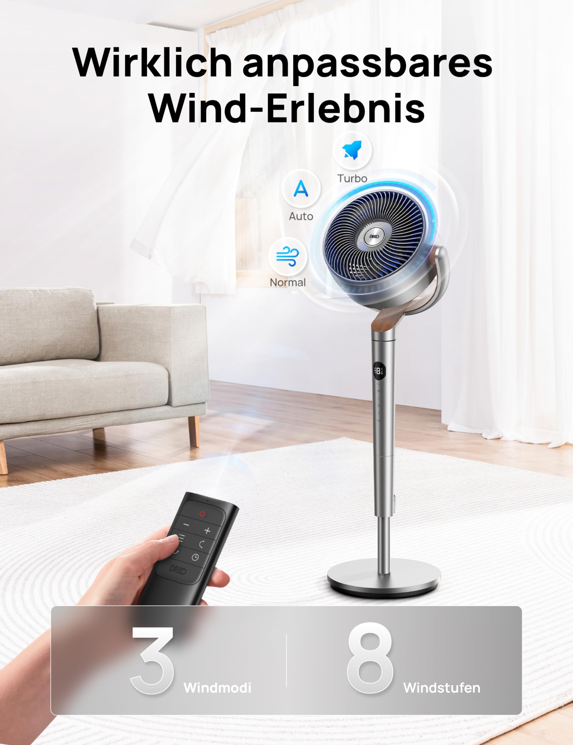 DREO 23dB leiser Standventilator, 120°+120° Omni-direktionale Oszillation, 24M Windentfernung, 1200m³/h Turbo-Luftzirkulator, 102CM Höhe, 3 Modi 8-Geschwindigkeit