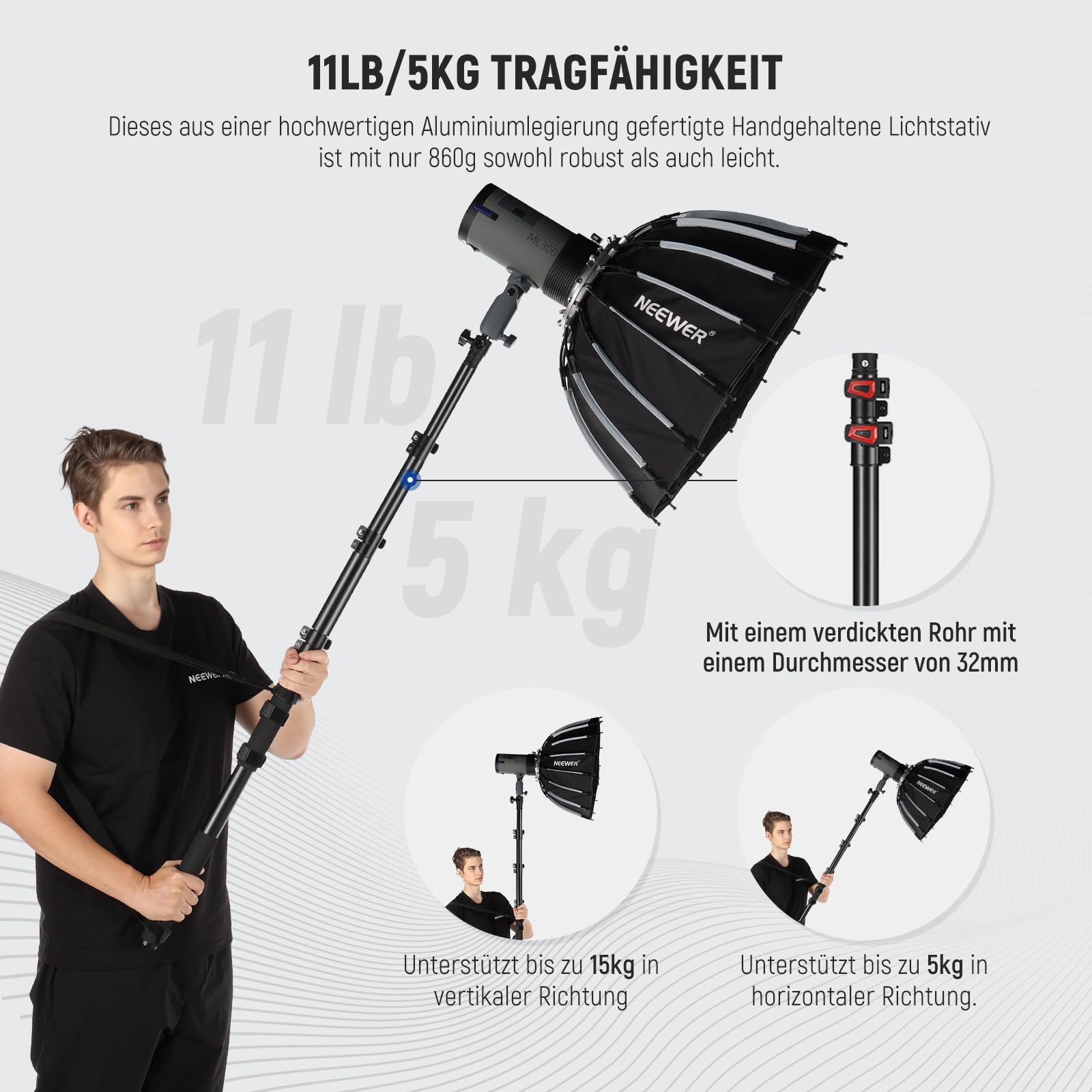NEEWER 230cm Handliches Lichtstativ Teleskop Aluminium mit 1/4", 3/8", 5/8" Schraube/Einfachem Klappverschluss/Schultergurt/Kabelbindern/Tasche, Auslegerständer für Videolicht Flash Mikrofon, MS-230C