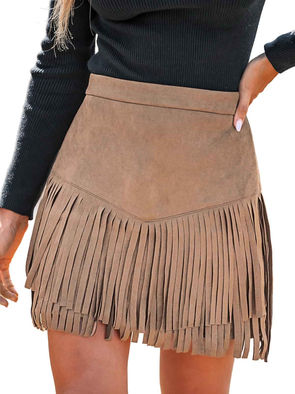 CUPSHE Women's Faux Suede Fringe Mini Skirt Suede High Waist Western Fun Layered Tassels, Flattering Fit, Cowgirl Style, Country Concert Outfit, Nashville Party, Rodeo Event Wear