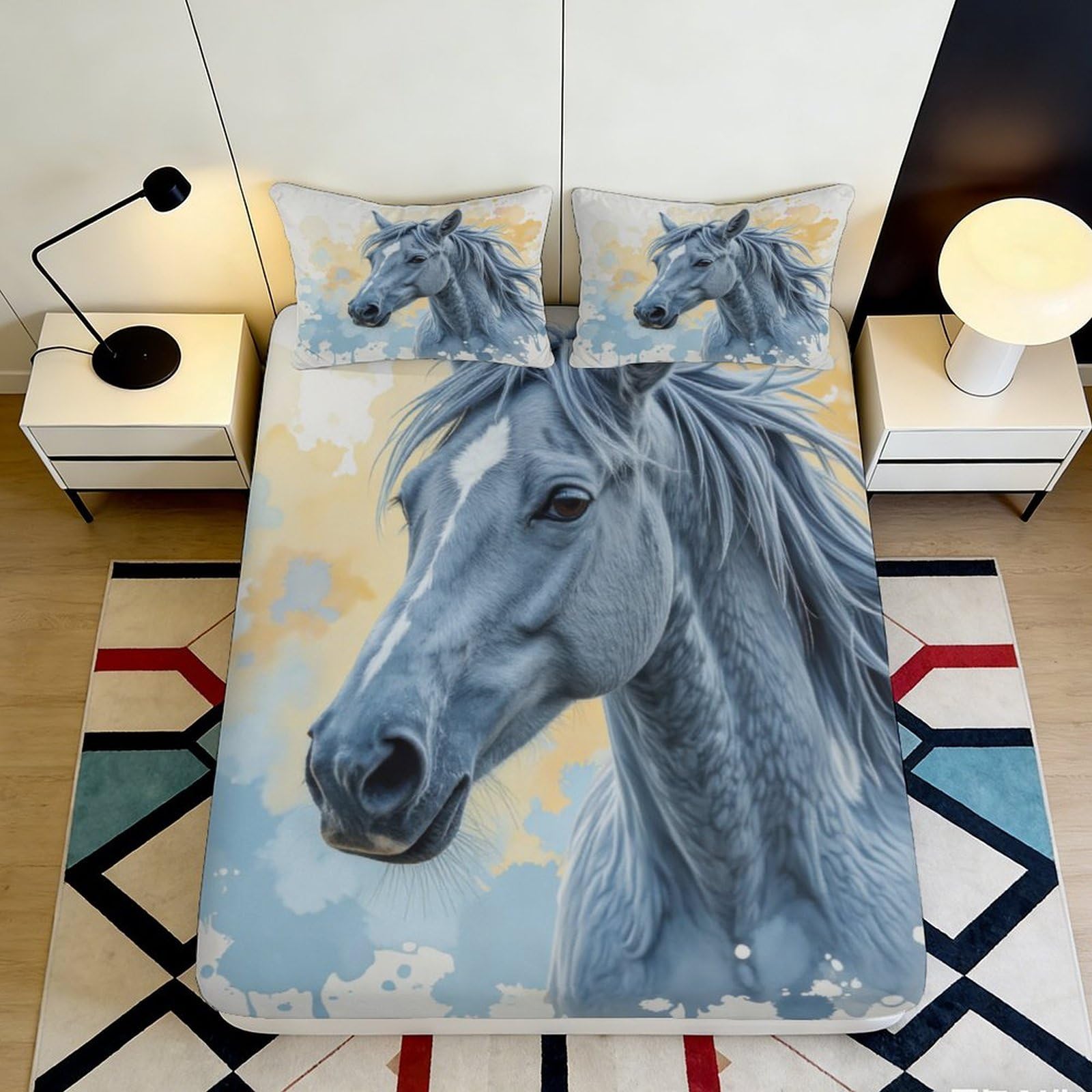 3D Printed Blue Horse Fitted Sheet Microfiber Soft Non-Slip Artistic Stallion Bed Cover for Bedroom Guest Room Decor 90x200x25cm