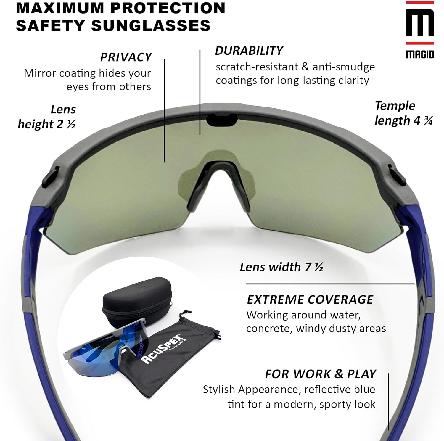 MAGID AcuSpex PA9080 Semi-Frameless Polarized Safety Glasses | 4 Pair | ANSI Z87+| Anti-Fog | Lightweight Wraparound Design | Includes Soft Cleaning Pouch & Hard Case
