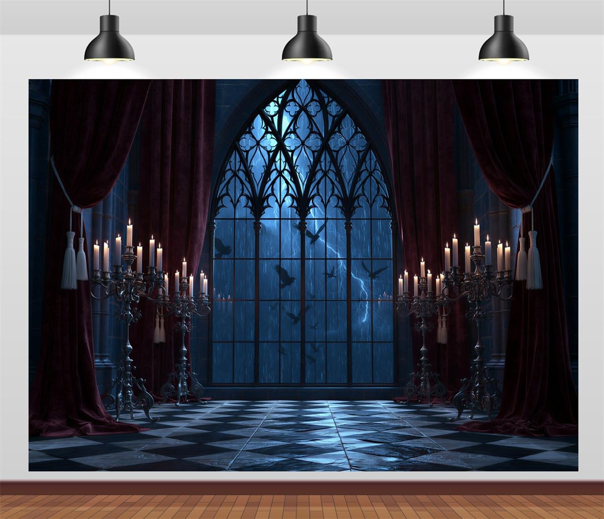 BELECO 3.6x2.5m Sfondo in tessuto Sala Gotica Scura Halloween Spaventoso | Finestra Ad Arco Gotica Spaventosa Tempesta Corvi Candeliere Vista Castello Sfondo Orrore Telo Di Sfondo