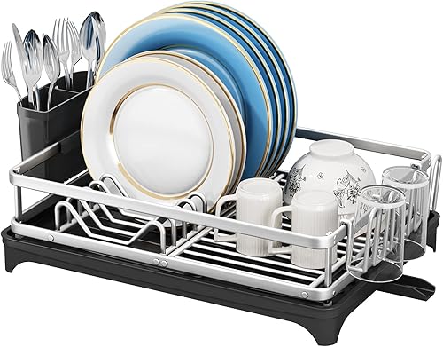 Escurridor de platos, escurridor de platos de aleación de aluminio para encimera de cocina, escurridor de platos multifuncional compacto con un