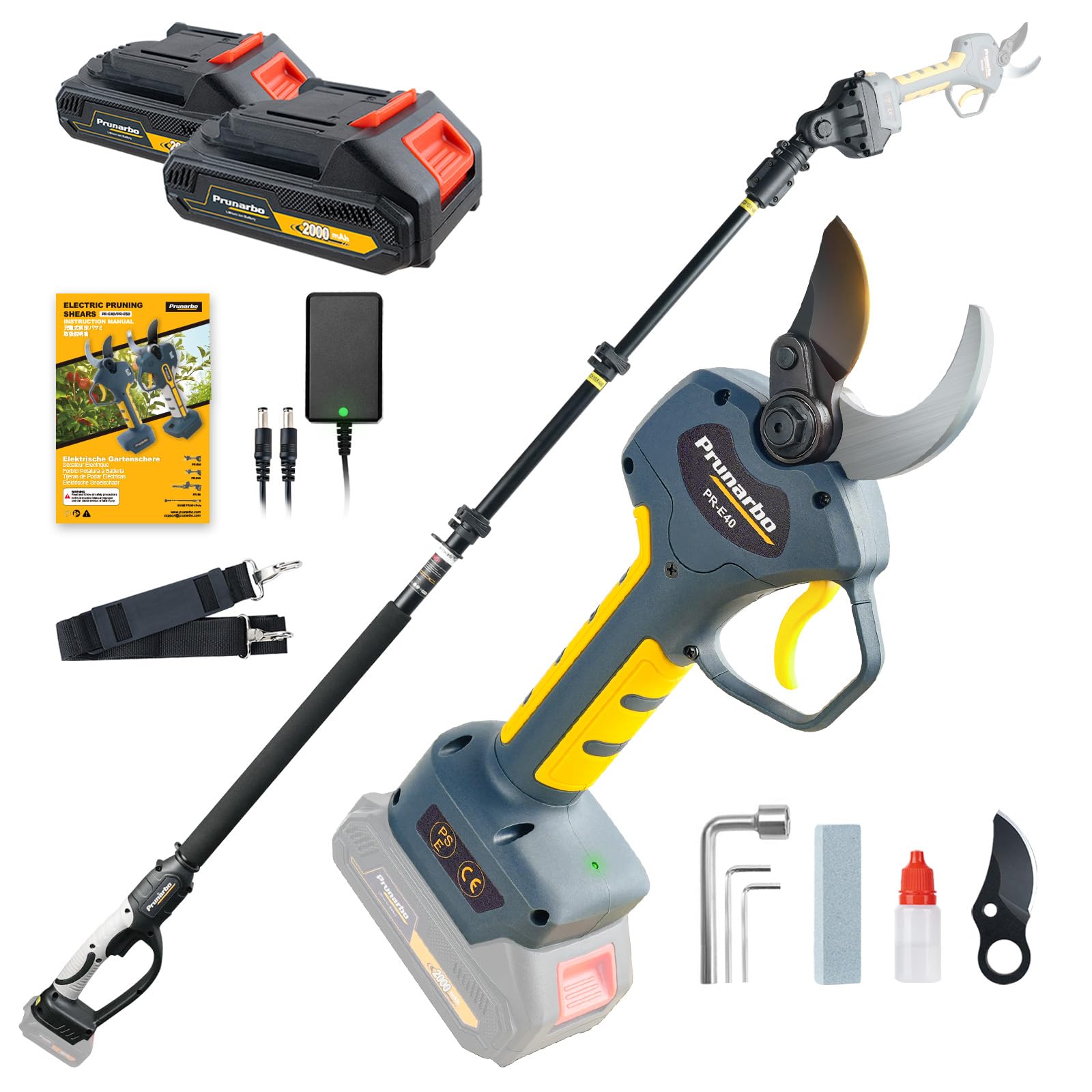 Electric Pruning Shears 40 mm with Extendable Pole | 2 in 1 for High and Low Branches, Brushless Motor, 18 V Battery, Ideal for Fruits, Gardens and Vineyards