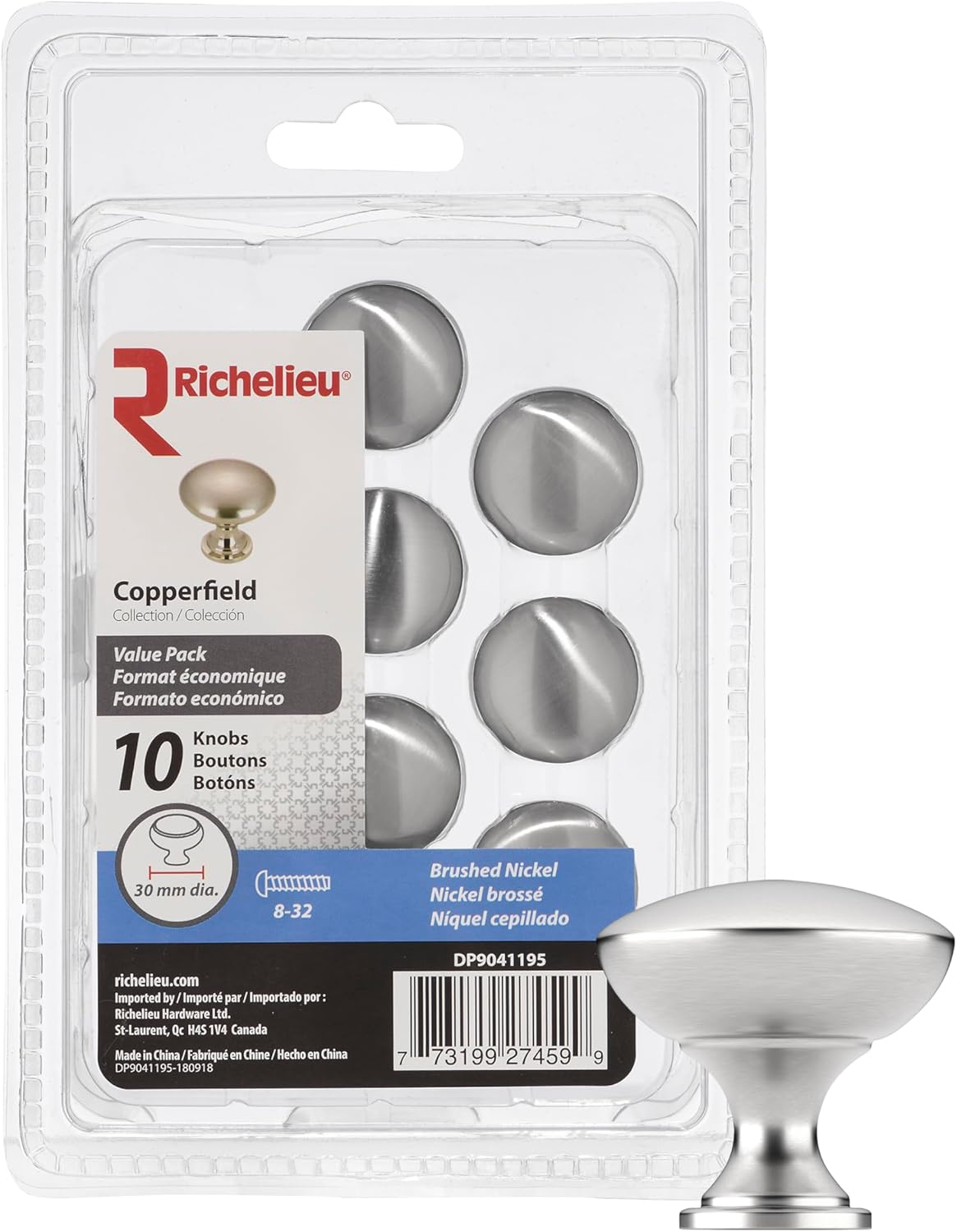 Brushed Nickel Round Cabinet Knob with Mounting Hardware