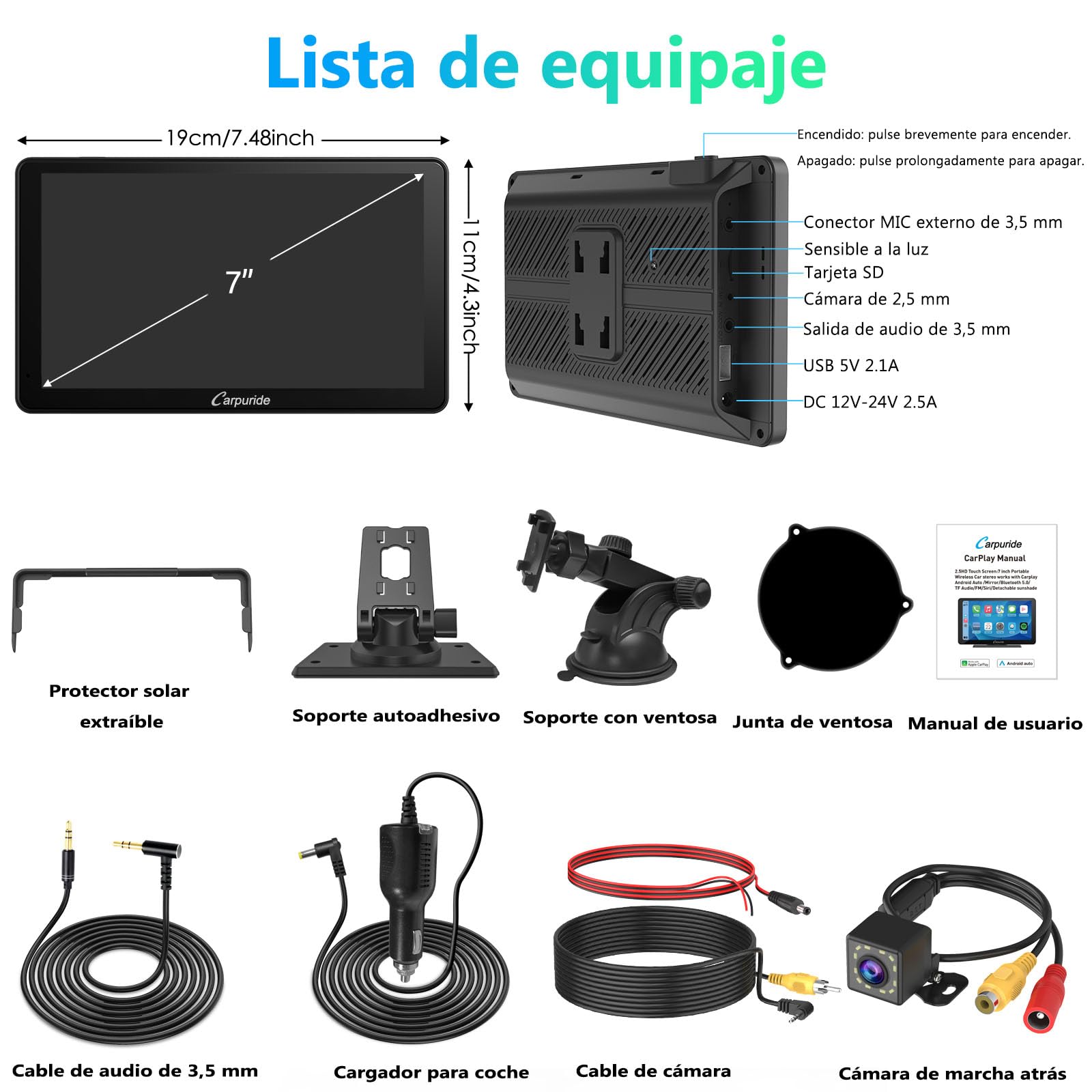 Pantalla Carplay portátil, Carpuride V3R Inalámbrica Airplay y Android Auto, Pantalla táctil HD de 7 Pulgadas y 1080p con cámara de Marcha atrás Real de 720p/BT 5.0/Mirror Link/reproducción USB