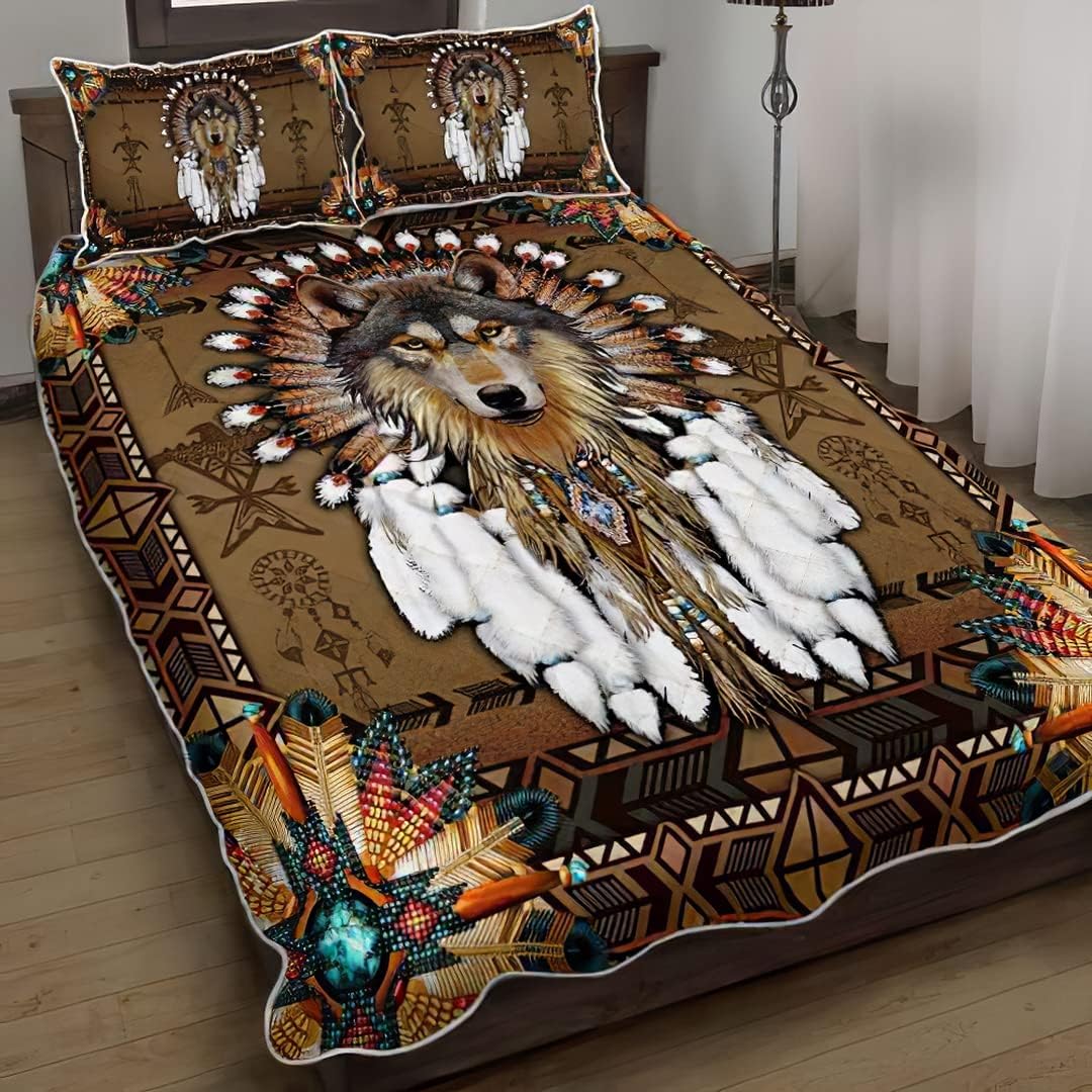 Native American Wolf Spirit Quilts Bed Set Bedding Set 3 Pieces Quilt Cover with Pillowcase Cover Soft Comfortable for Kids Parents Us Single Throw Twin Queen King Super King Size QUILT3812