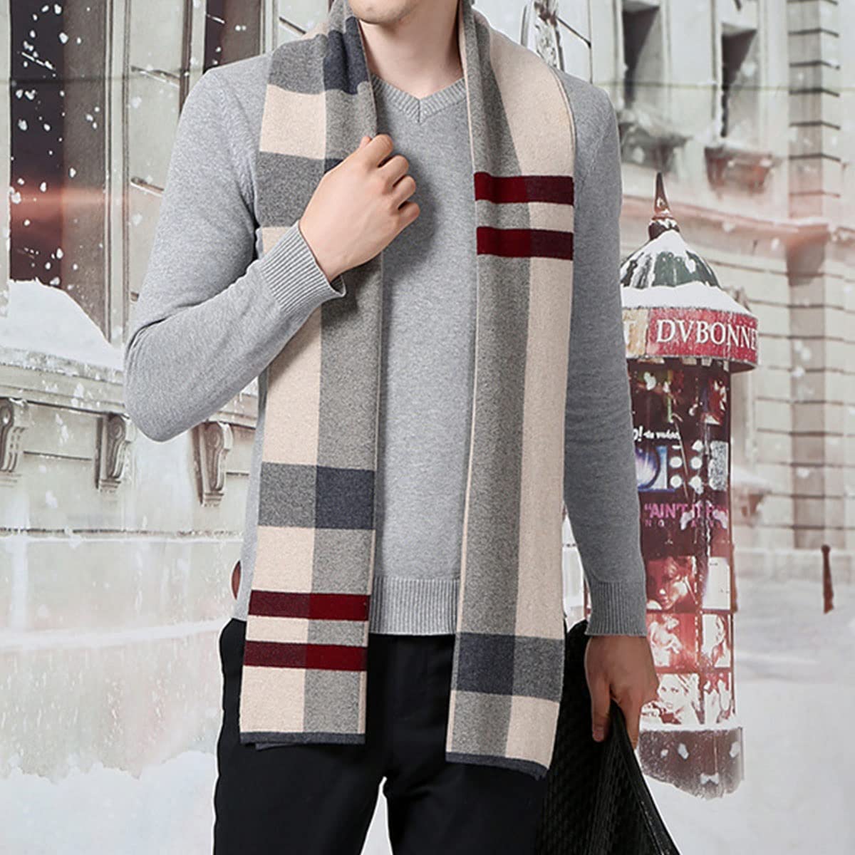 Sciarpa in pura lana, sciarpa lunga in morbido cotone scozzese in cashmere caldo invernale leggero da uomo