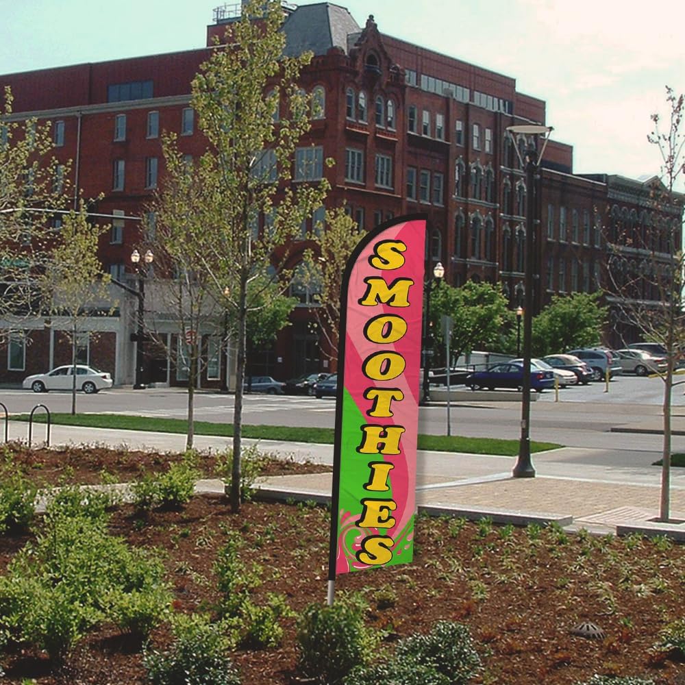 Smoothies Windless Banner Advertising Flag & Pole Kit - Perfect for Smoothie Shops, Juice Shops, Food Trucks