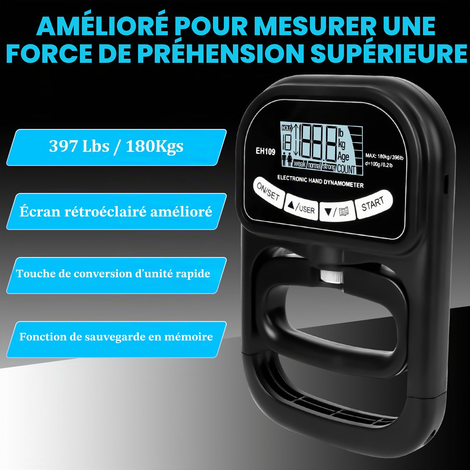 Dynamomètre Numérique à Main 180 Kg, Dynamomètre électronique Rechargeable, Avec écran LCD, 19 Fonction D'enregistrement D'utilisateur, Pour Convient aux athlètes et à l'entraînement à domicile