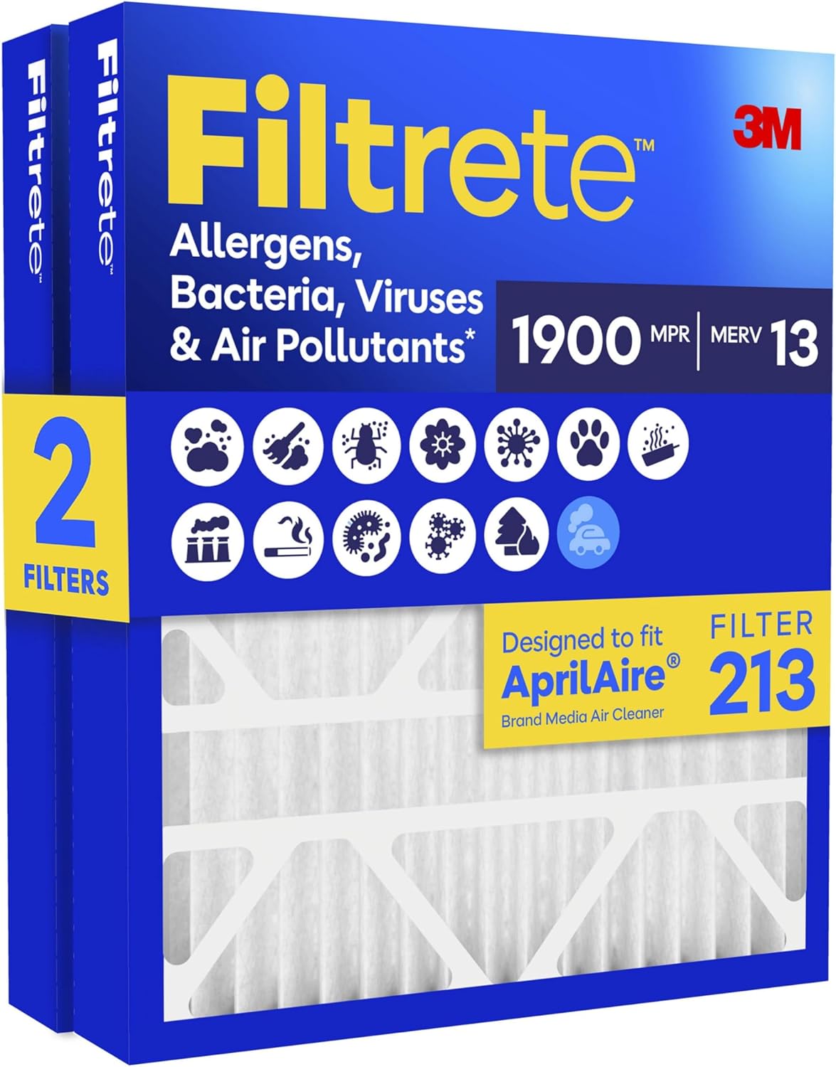 Filtrete 213 Air Filter, AprilAire 213 Replacement Filters, MERV 13, MPR 1900, Allergens, Bacteria, Viruses & Air Pollutants, 12-Month AC/Furnace Filter, Cleaner Air, Reliable Airflow, 2 HVAC Filters