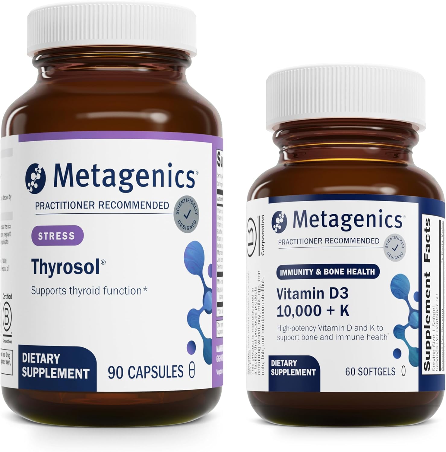 Metagenics Bundle - Thyrosol & D3 10,000 + K - 90 Count of Thyrosol for Thyroid Health - 60 Softgels of D3 10,000 + K for Immune Support, Bone Health & Heart Health