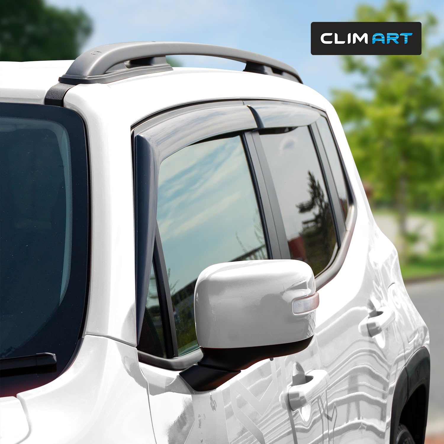 CLIM ART Adesivo Deflettori antiturbo Compatibile con Jeep Renegade 2014-2026 SUV - Accessori Auto - Deflettori finestrini - Deflettore Aria Auto - Protezione Meteo - Facilità di Installazione -4Pz
