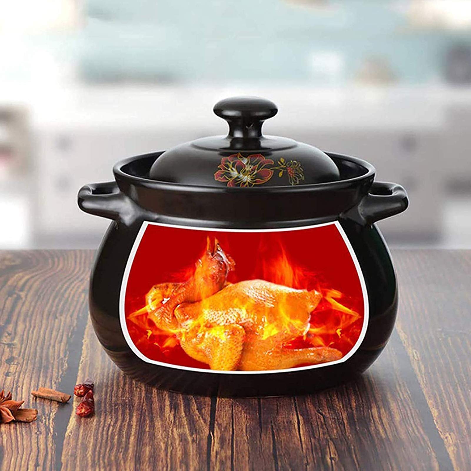 Potes De Cocina De Arcilla, Plato De Cazuela Redondo Con Tapa, Ollas De Barro Para Cocinar, Stockpot Para Guisos, Sopa, Vapor,Negro,5.5L