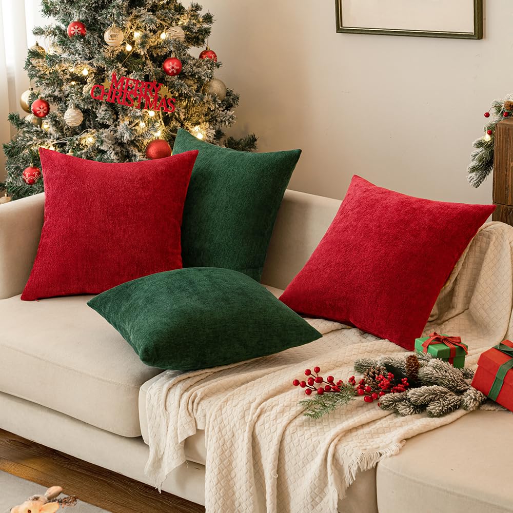 MIULEE Pack of 2 Christmas Red Chenille Decorative Pillow Covers 18x18 Inch