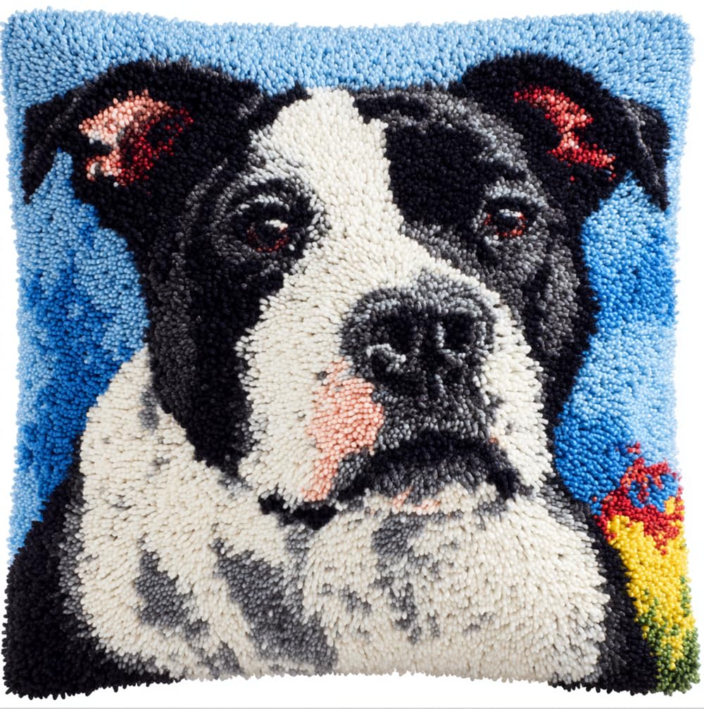 Rqwybcaxn Latch Hook Kits Make Your Own Cushion,Dog Staffordshire Bull Terrier 17X17Inch Pre-Printed Canvas Crochet Pillow Case Latch Hook Cushion Cover Hobby & Crafts