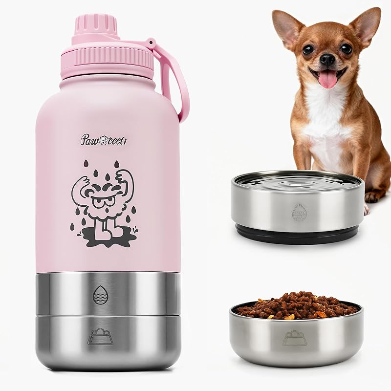 Garrafa de Água para Cães Pawccoli em Aço Inoxidável com Tigelas Removíveis, Rosa, 1,01 L