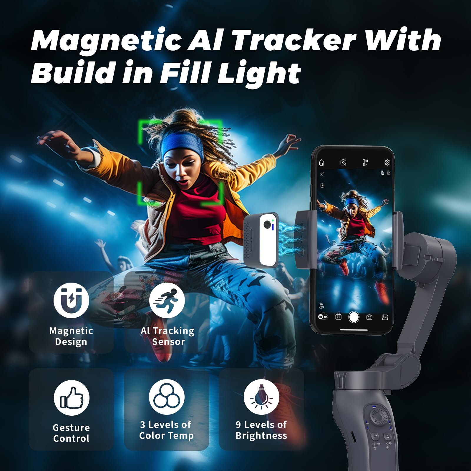 Estabilizador de cardán de 3 ejes, módulo de seguimiento de IA con luz de relleno de 3 temperaturas de color, control por gestos, trípode integrado, para iPhone y Android (negro)