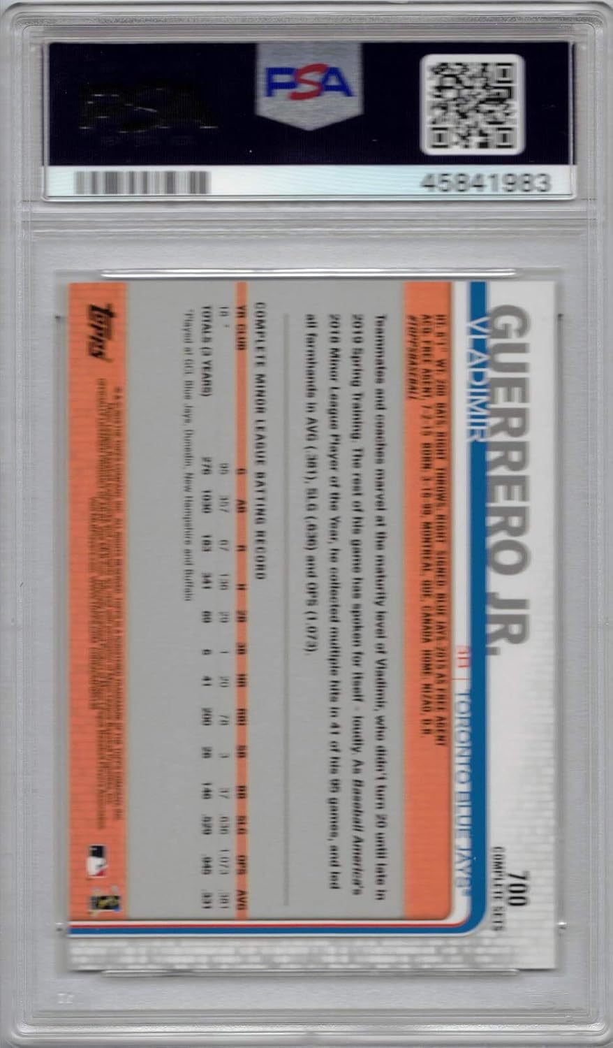2019 Topps Factory Set Baseball #700 Vladimir Guerrero Jr. Rookie Card Fielding Variation Graded PSA 10 Gem Mint