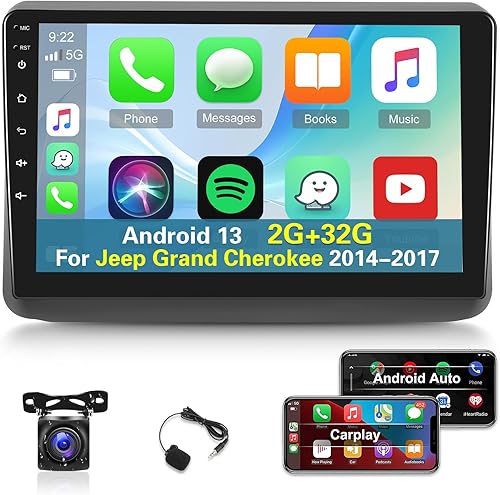 Radio de coche Android 13 para Jeep Grand Cherokee 2014-2017 Carplay inalámbrico y Android Auto Estéreo de coche con pantalla táctil de 9 pulgadas