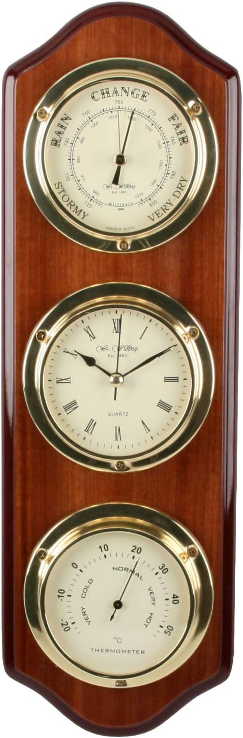 Wooden Two Tone Triple Dial Barometer/Clock/Thermometer 46 x 15 cm
