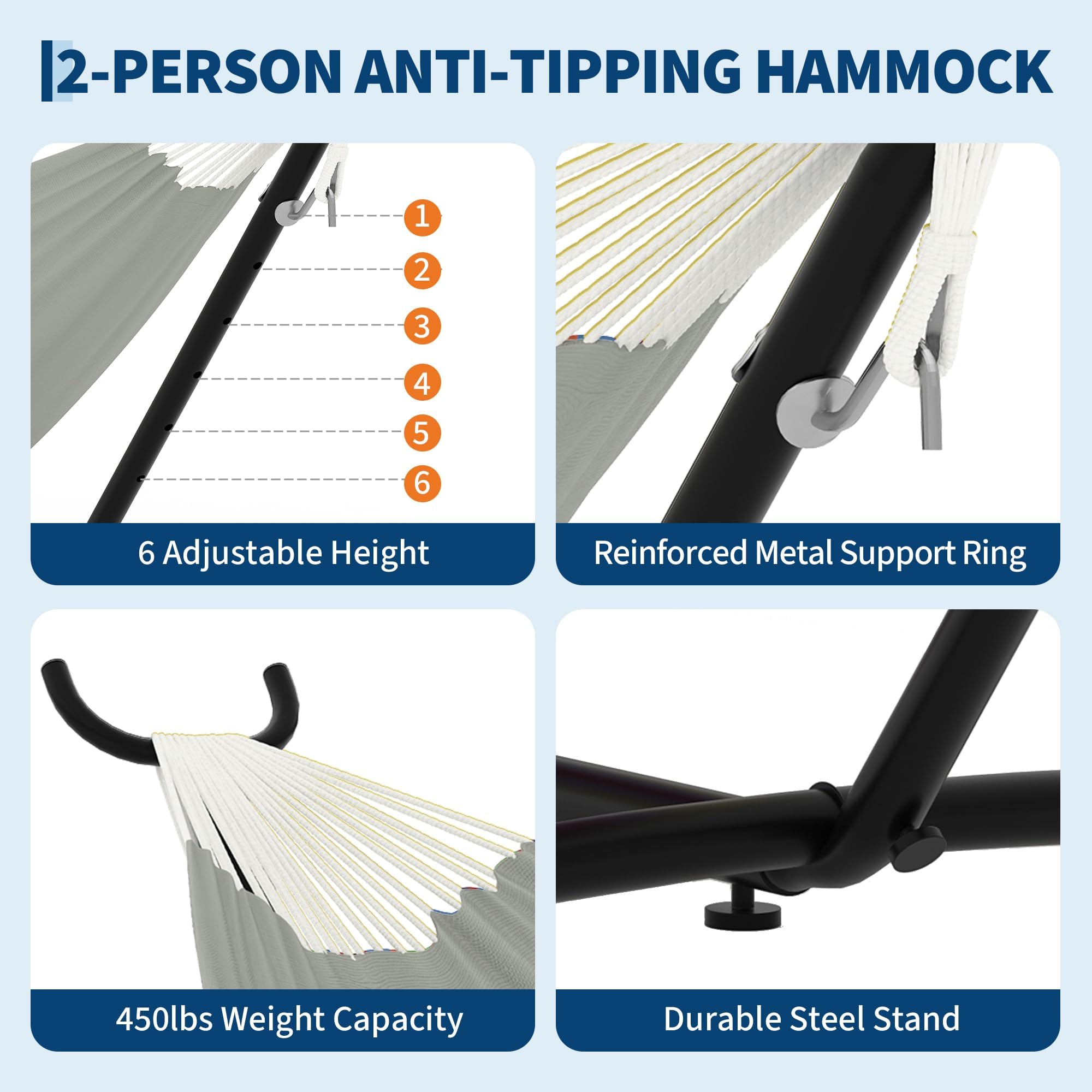 GarveeLife Hamaca con Soporte de Hierro para Exteriores, Hamaca Portátil para 2 Personas, Muy Resistente y Plegable, Capacidad Máxima 227 kg, Bolsa Impermeable Incluida, Gris Claro y Sofisticado