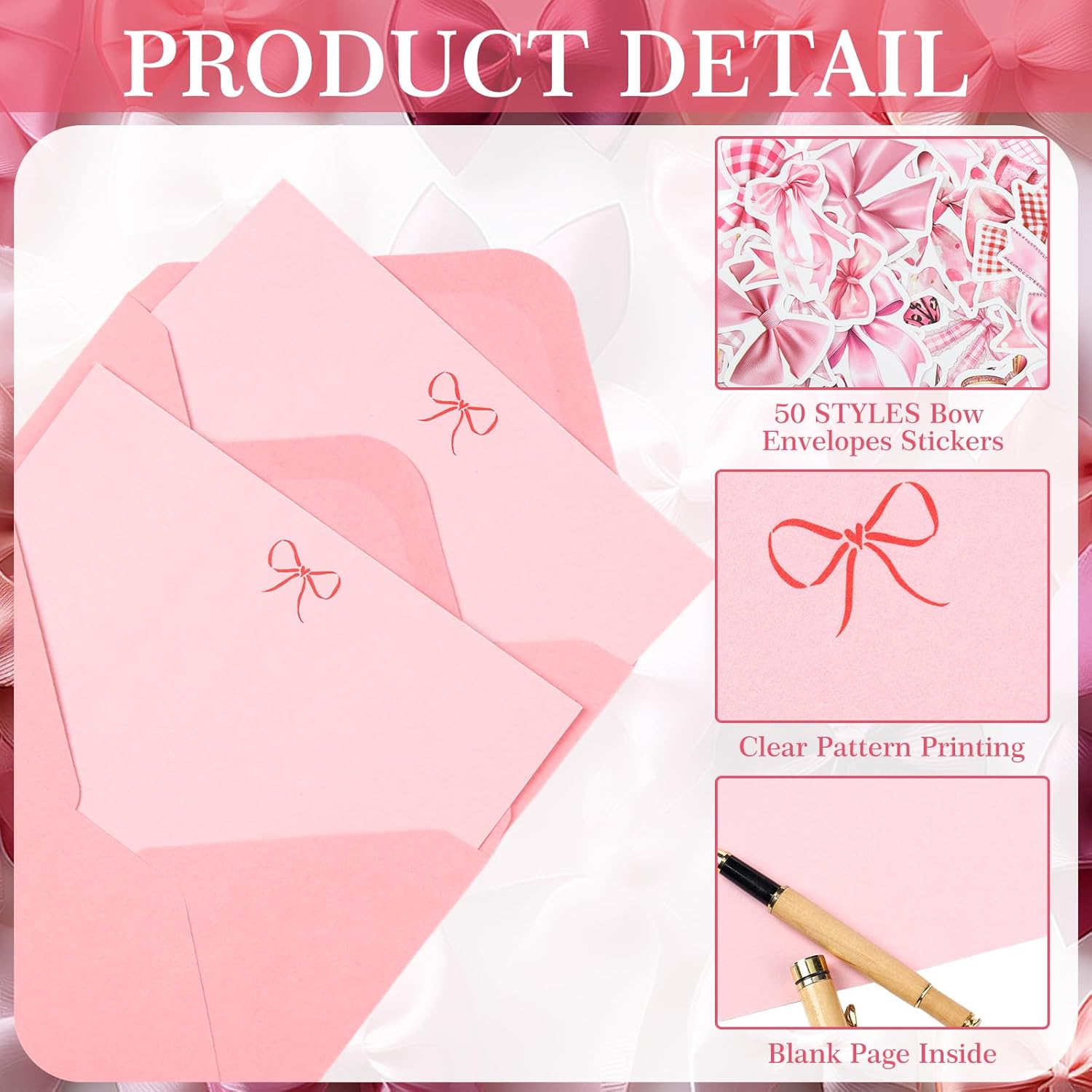 Motiskyy 50 Pack Pink Bow Stationery Cards with Envelopes and Stickers Coquette Bowknot Thank You Greeting Cards Cute Pink Blank Note Writing Paper for Wedding Bridal Baby Shower Birthday Party