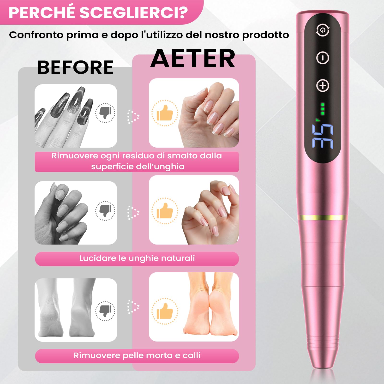 NAILGIRLS Fresa per Unghie Professionale 35000 Giri, Lima Elettrica per Unghie con Schermo LED, 11 in 1 Ricaricabile Frese per Unghie Portatile Trapano per Unghie Senza Fili Velocità Regolabile, Rose
