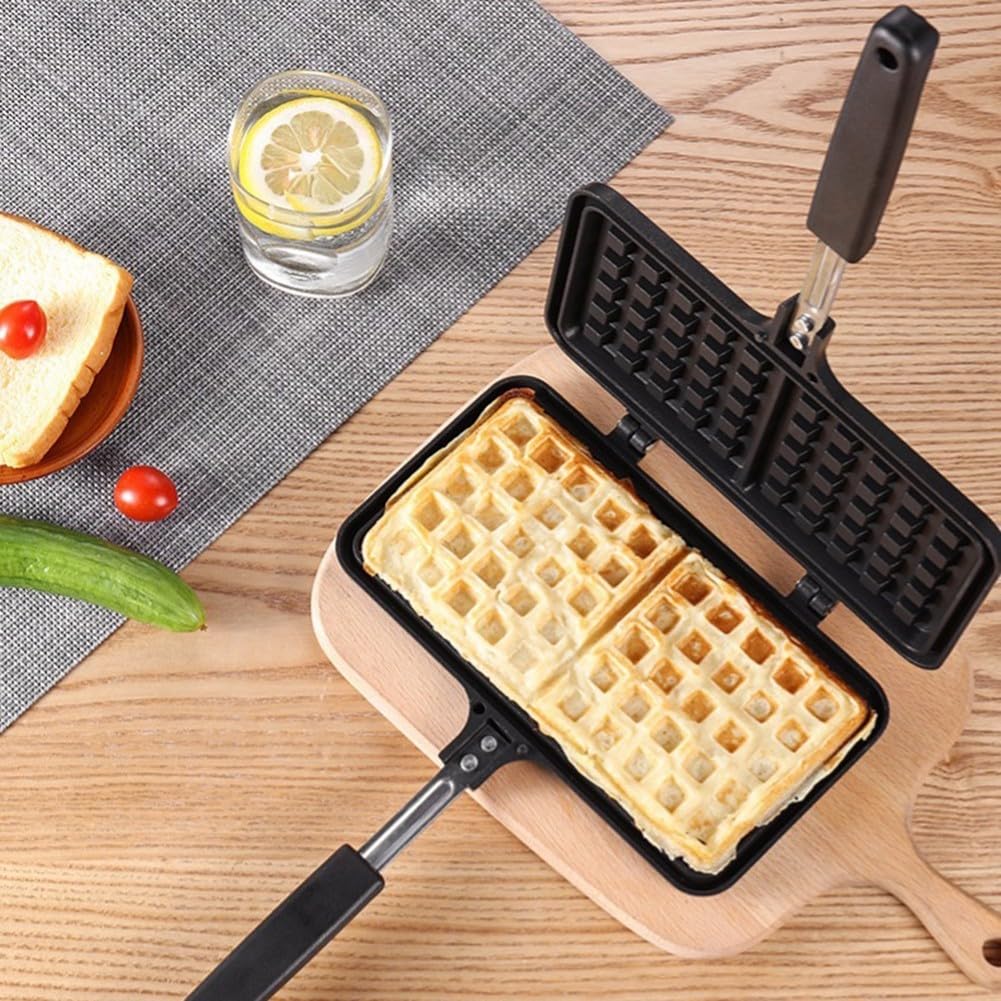Sartén antiadherente belga para estufa de gas, parrilla giratoria de metal para desayuno, cocina de doble cara con mango resistente al calor (gofre de dos cabezas)