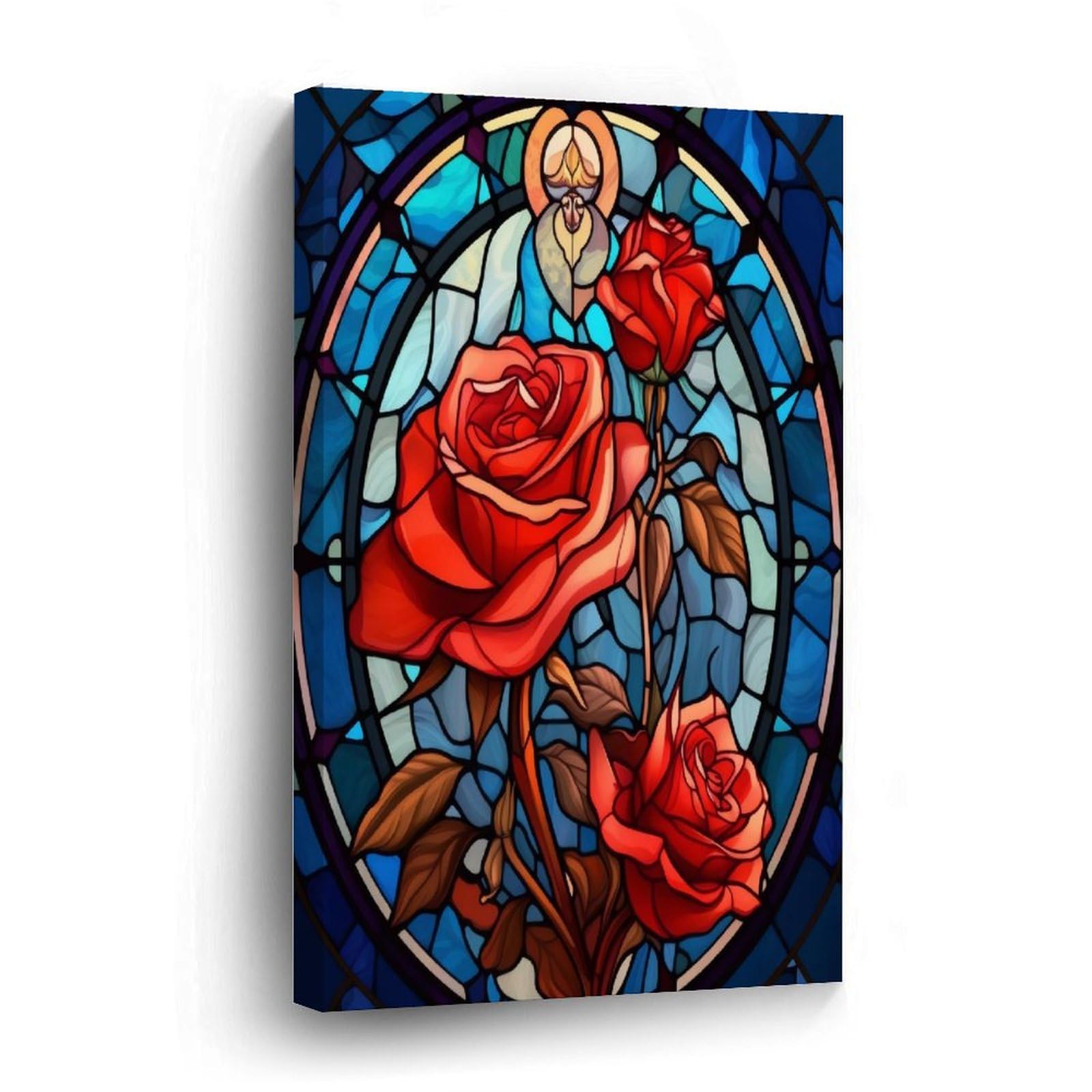 Luijorgy Style-9-2 Valentine's Day Red Pink Rose Floral Stained Glass Canvas Wall Art Printed Ready To Hang Canvas Pictures Artwork Posters Decoration For Office Coffee Club New Home Christmas Gifts 8X12in