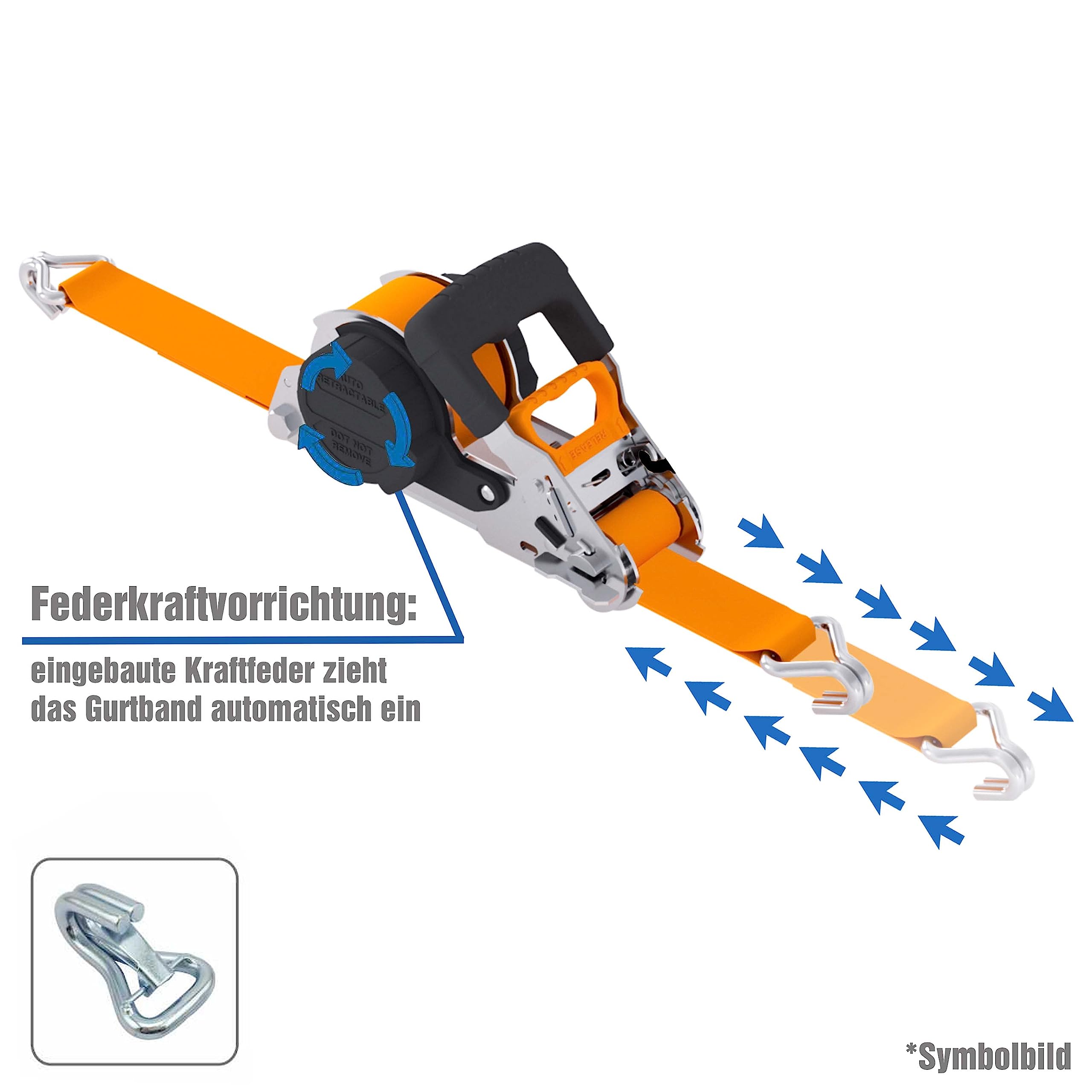 PETEX 4 cinghie automatiche a cricchetto, autoavvolgenti, 1 pezzo, 5 m x 35 mm, 1.000/2.000 daN, arancio, ganci a doppia punta di sicurezza