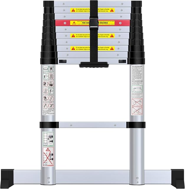 WolfWise 3.2M Telescopic Ladder with Stabiliser Bar, Aluminum Telescopic Extension Tall Multi Purpose Loft Ladder, 330 pound/150 kg Capacity Black (3.2M)