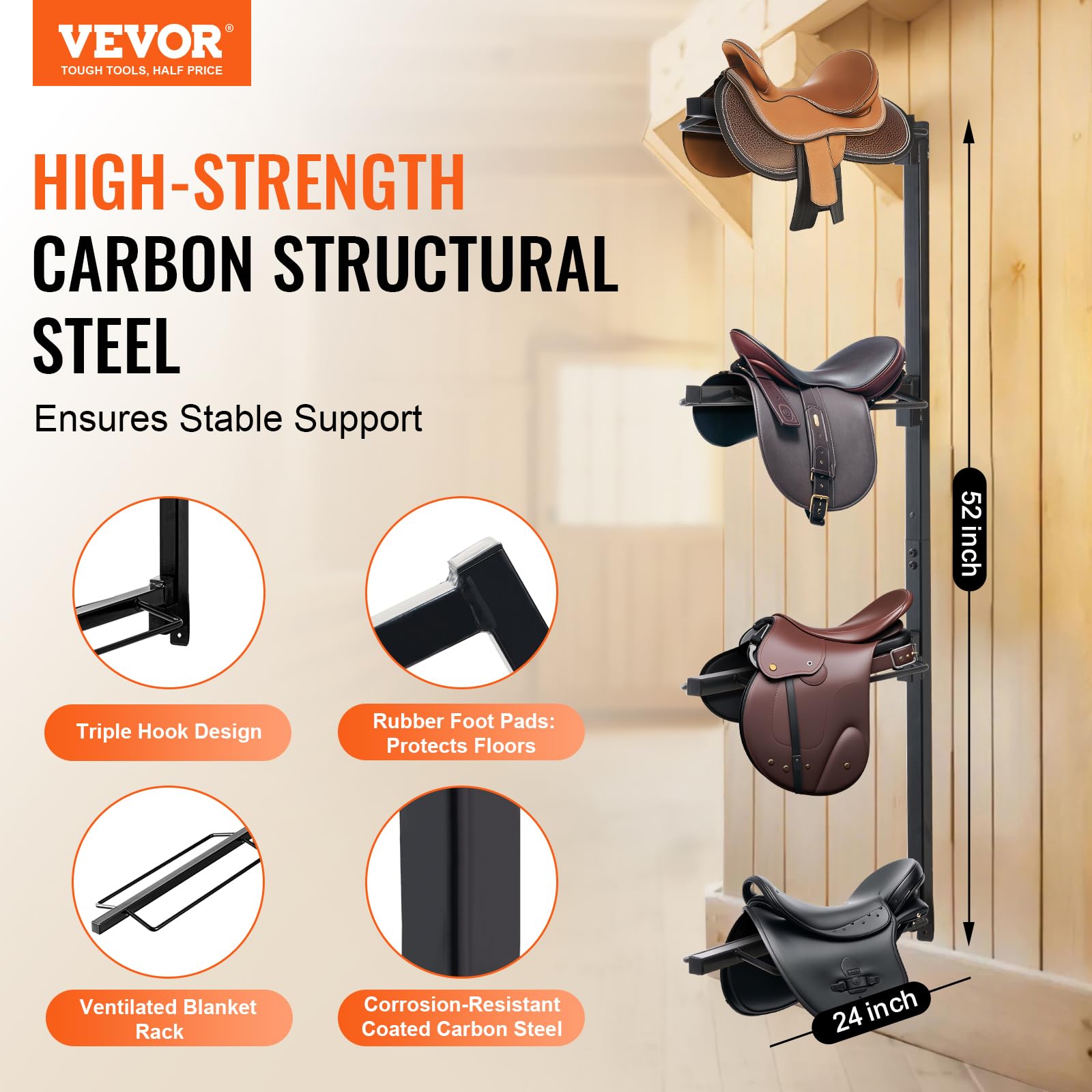 VEVOR Supporto per Sella da Parete, Supporto per Sella per Cavallo a 4 Livelli, Supporto per Sella Western e Inglese, Supporto per Coperta per Cavallo per Organizzazione Selleria 609 x 177 x 1320 mm