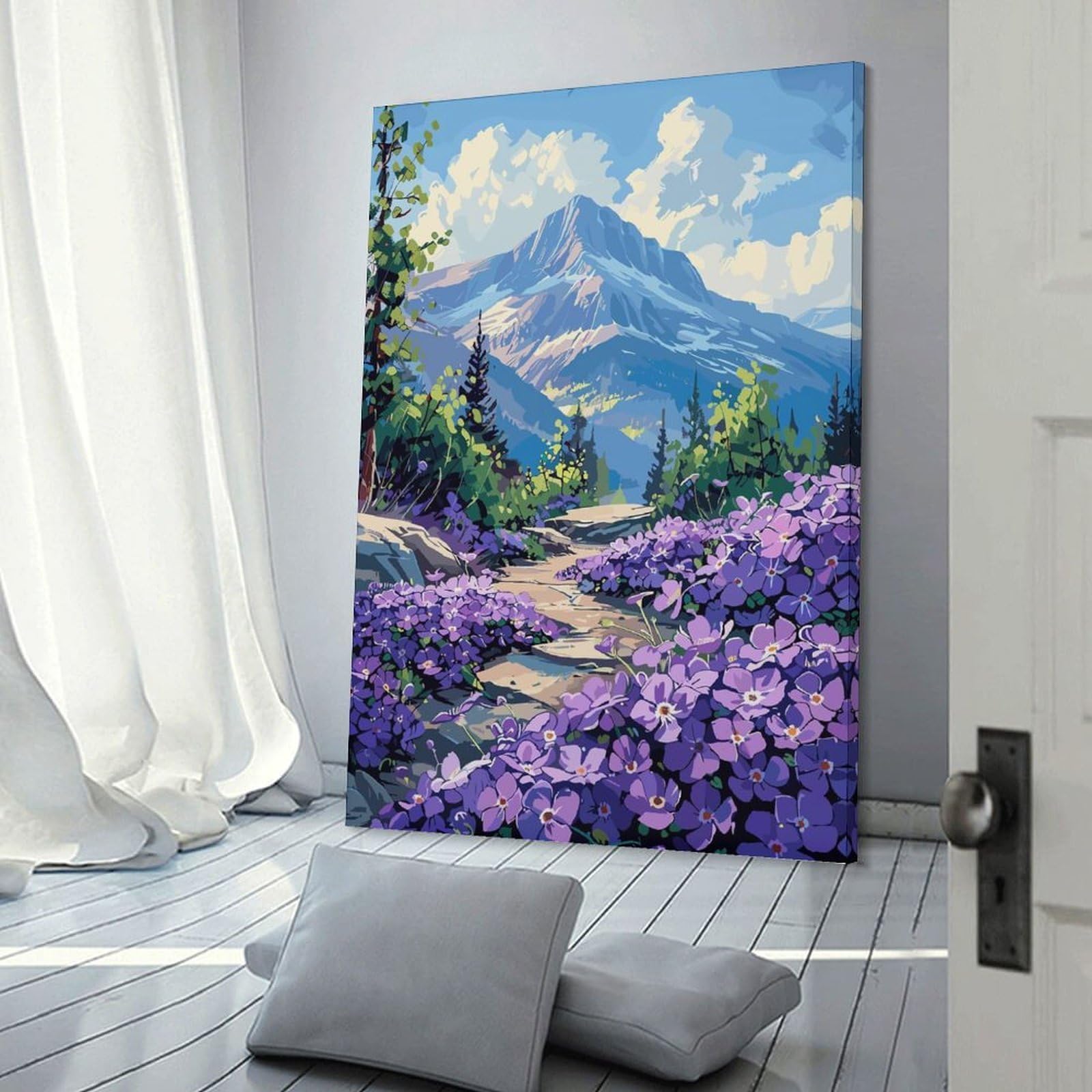 Junmoney Mountain Path with Purple Flowers Wall Picture Print 20x30inch(50x75cm), for Corridors, Hallways Or Apartment Entries, Wall Decor to Refresh Empty Corners