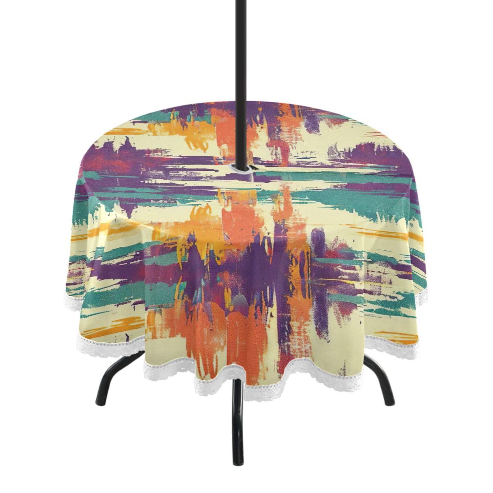 Wajiw 60 Inch Indoor Outdoor Round Tablecloth with Umbrella Hole and Zipper Waterproof Patio Table Cover for Camping Dining Room Party Outdoor Picnic,Striped Pattern