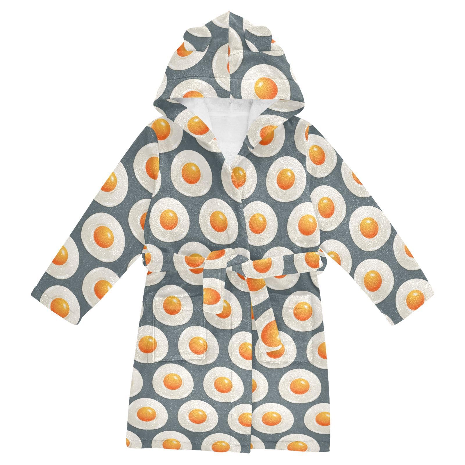 WIFIU Toddler Baby Hooded Bathrobe for Boys Girls Fried Yellow Eggs Pattern Printed, Soft Plush Bath Towel Robe with 2 Pockets for 4-6 Years