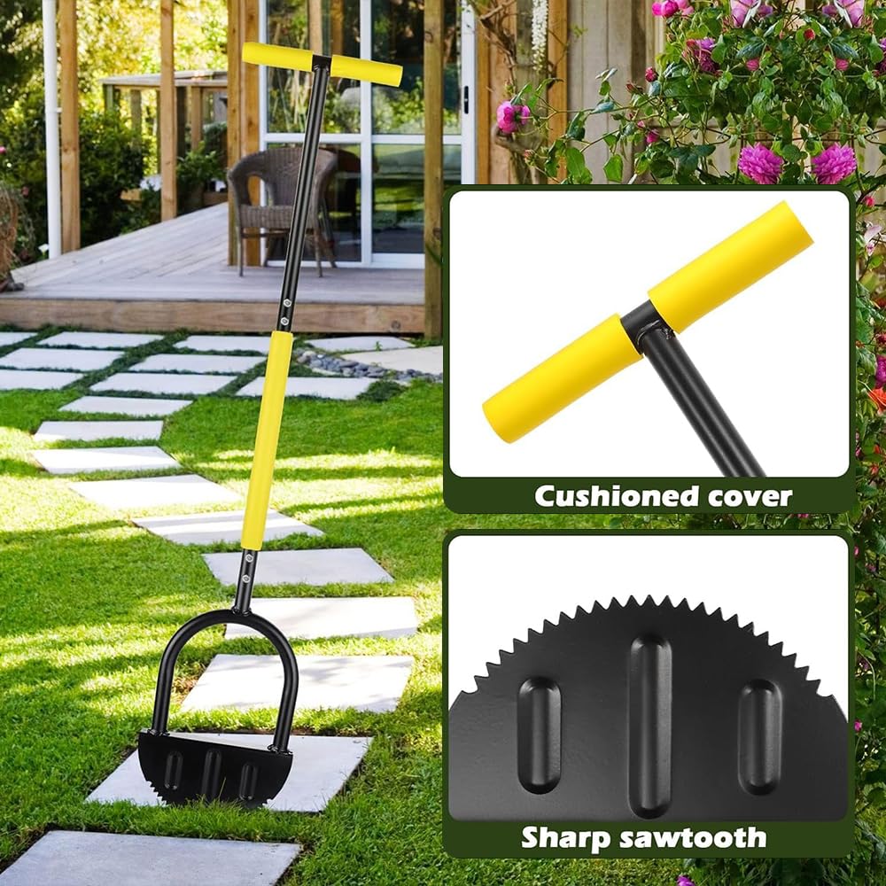 Bordatore Manuale per Prato con Manico 107cm, Strumento per Bordatura Prato, Bordatrice a Denti di Sega con Impugnatura a T, Bordatrice per Prato a Mezza Luna, Per Prato, Giardino o Marciapiede