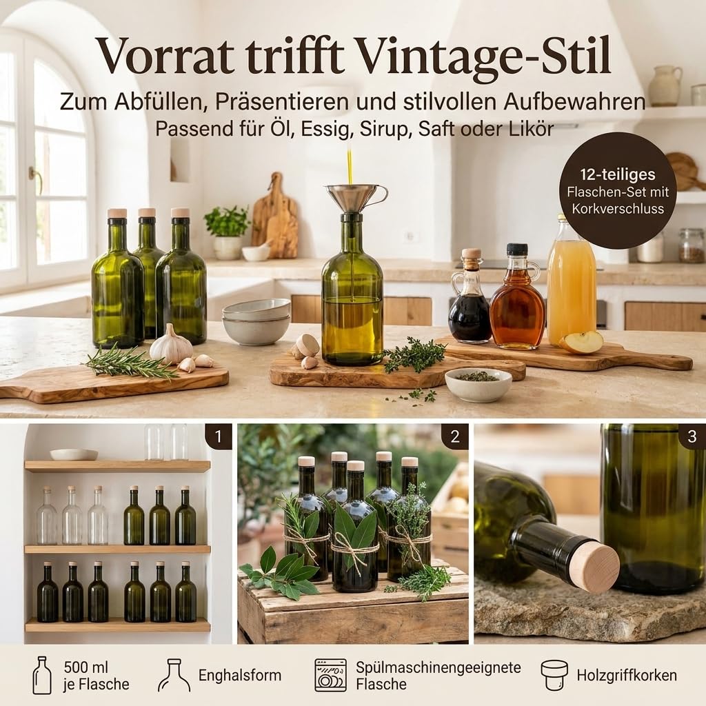 gouveo Lot de 12 bouteilles en verre 500 ml classic antique avec bouchons (HGK) - bouteille vide 0,5 l en verre à remplir - bouteille en verre pour liqueur, gin, huile, vinaigre (KFA500HGK)
