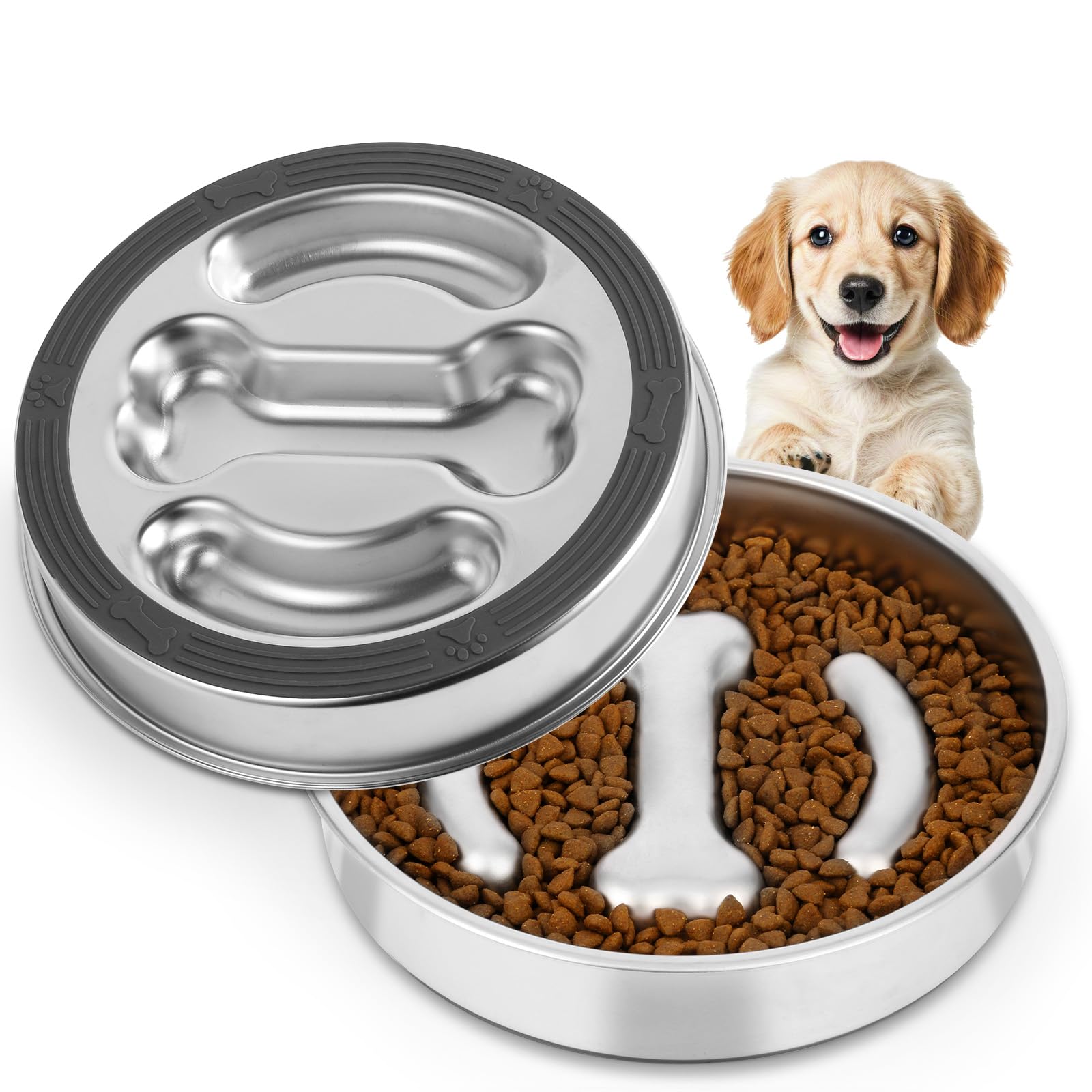 Slow Feeder Dog Bowls Stainless Steel,Anti-Slip Slow Eating Dog Food Bowl,Double-Sided Bones Design dig Dish, 3 Cups Capacity for Small and Medium