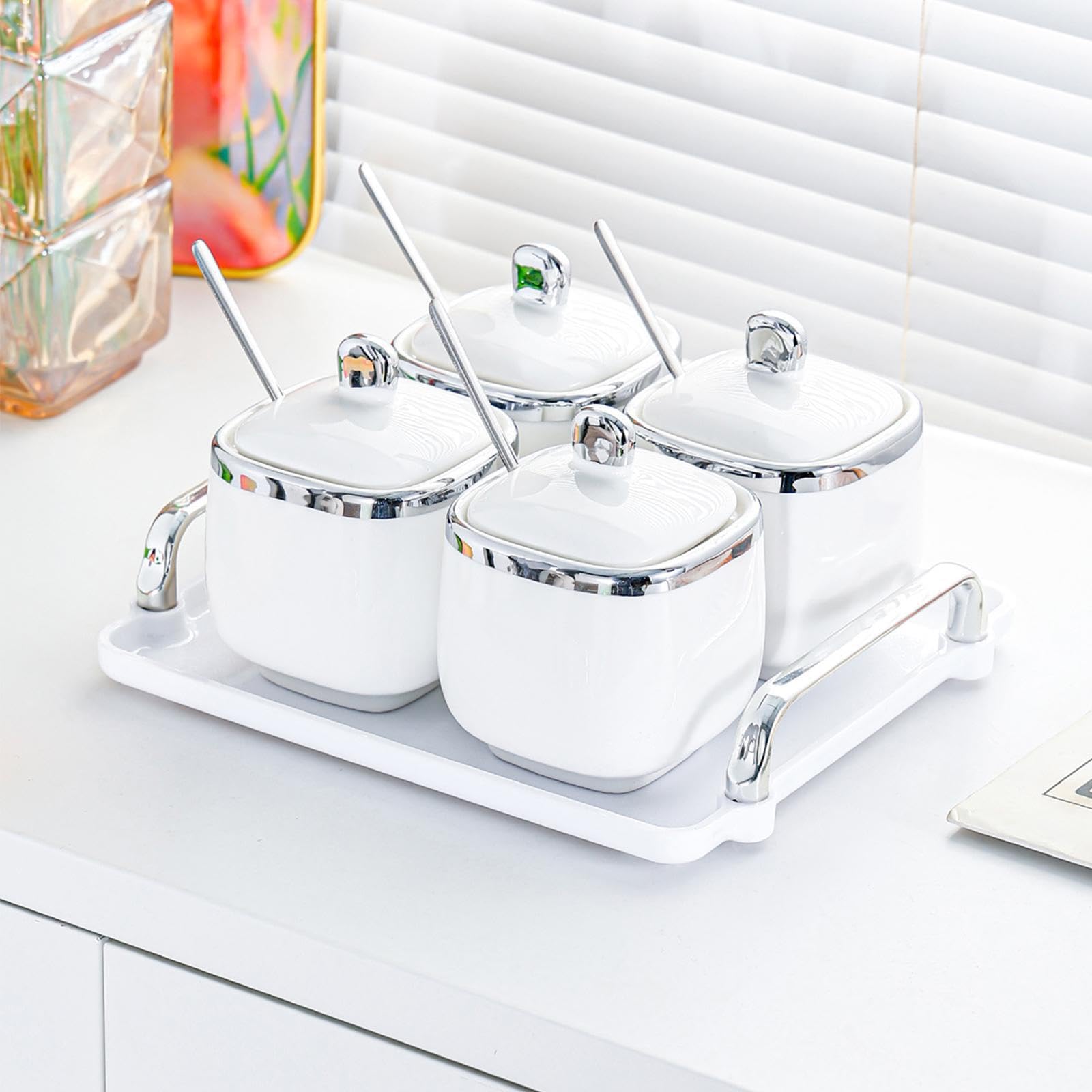 Pot à épices en céramique pour bonbons, noix et fruits secs, avec plateau amovible et large ouverture anti-poussière. Idéal pour les restaurants, Argent, 4 pot
