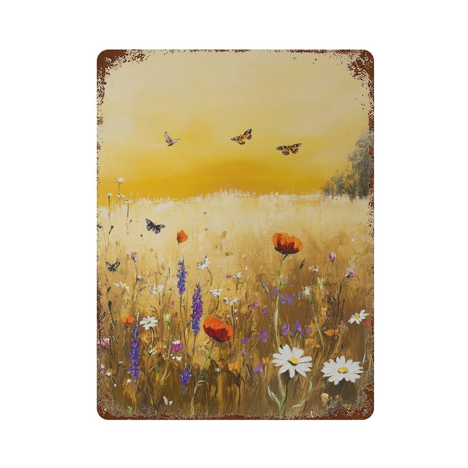 Field of Wildflowers And Butterflies 15.7"x11.8" Distressed Metal Wall Sign, Retro Wall Decor for Garage, Bar And Workshop Decor