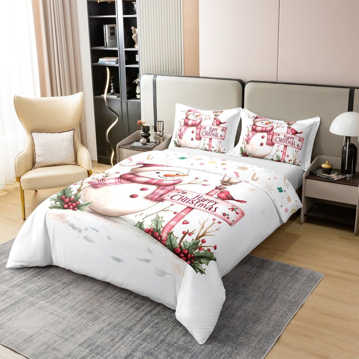 Erosebridal Pink Christmas Bedding Set Twin Cute Winter Snowman 100% Cotton Duvet Cover Street Lamp Cardinal Comforter Cover for Kids Boys Girls Adults Xmas Snowman Bed Set 2 Pcs