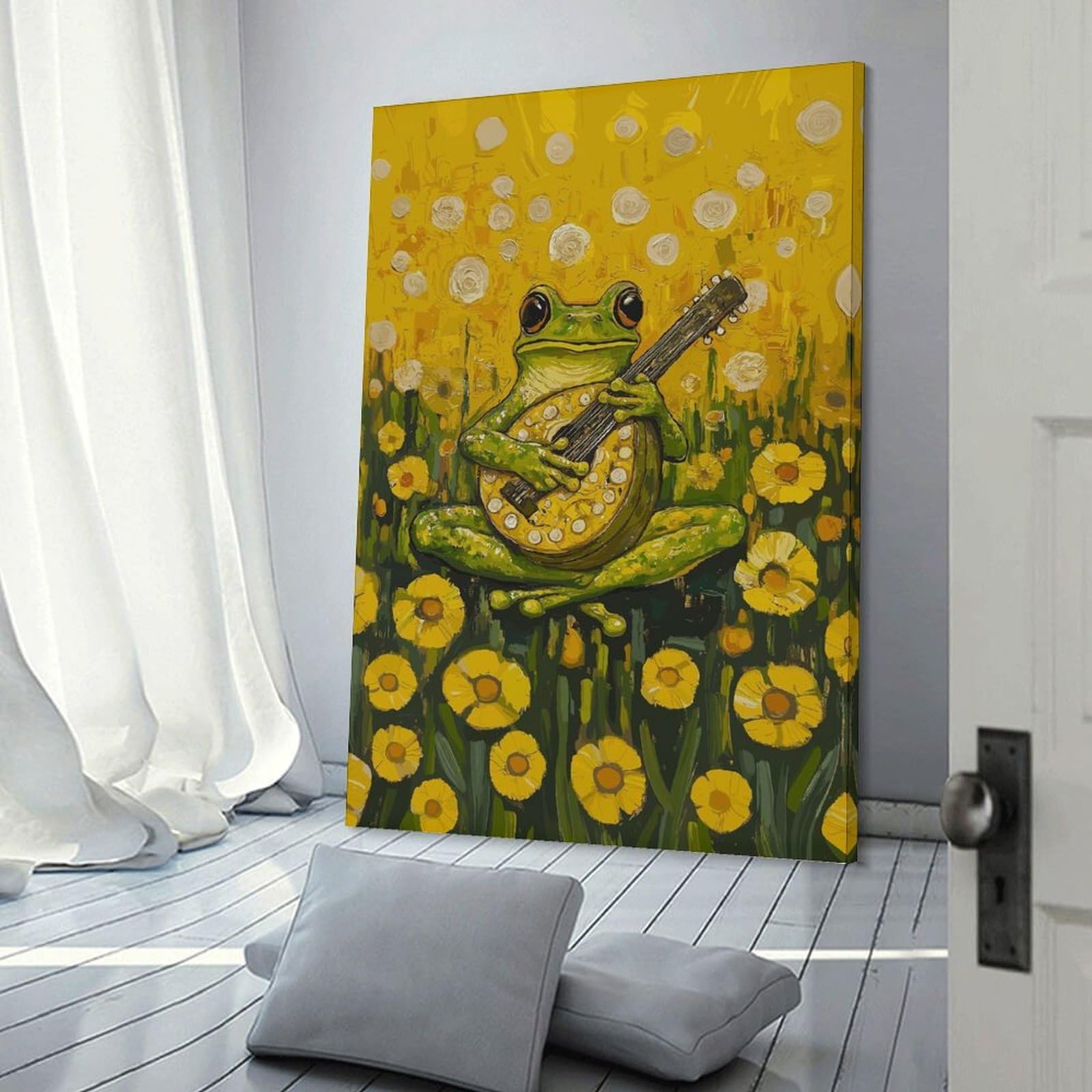 Junmoney Canvas Art Print Frog Playing Mandolin, 20x30inch(50x75cm), for Calm Bedrooms, Home Corners Or Flats, A Warm Accent for Relaxed Interiors